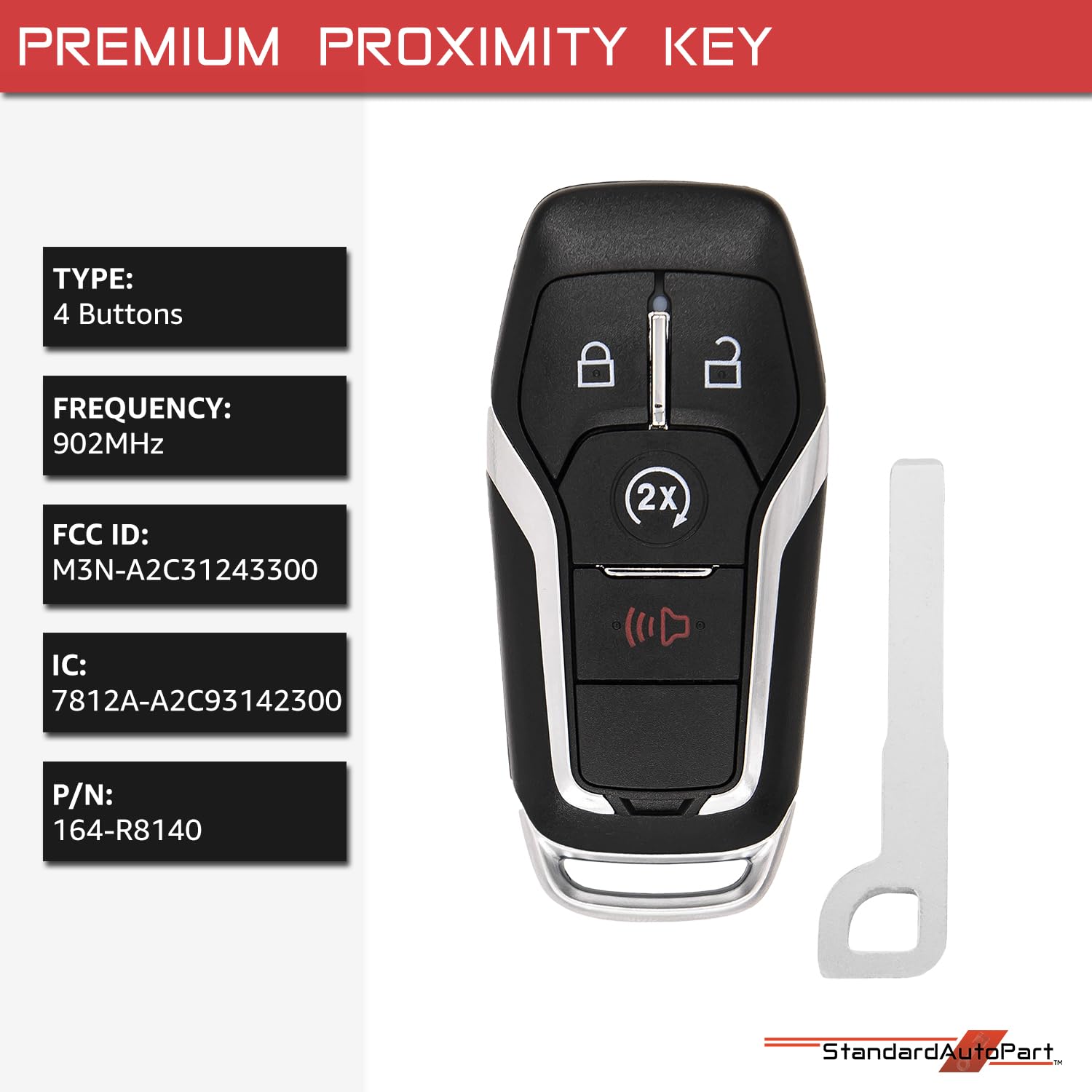 StandardAutoPart Premium Replacement Key Compatible with Ford Explorer MKC MKX FCC ID: M3N-A2C31243300 164-R8140 IC: 7812A-A2C93142300 (4 Button)