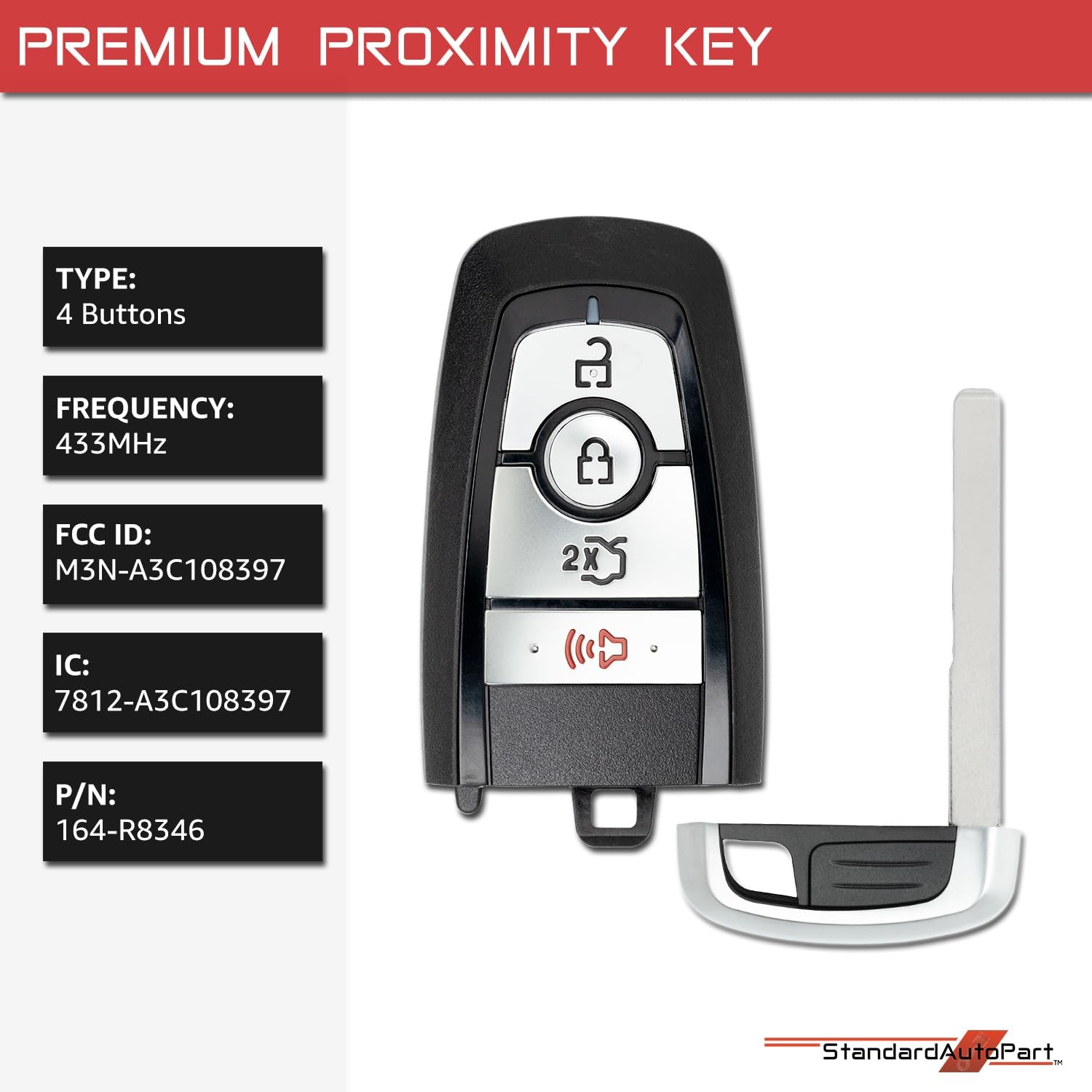 StandardAutoPart Smart Proximity Key Fob Remote Compatible with Ford Mustang 2023 2024 2025 M3N-A3C108397  IC: 7812-A3C108397 164-R8346 (4 Button)
