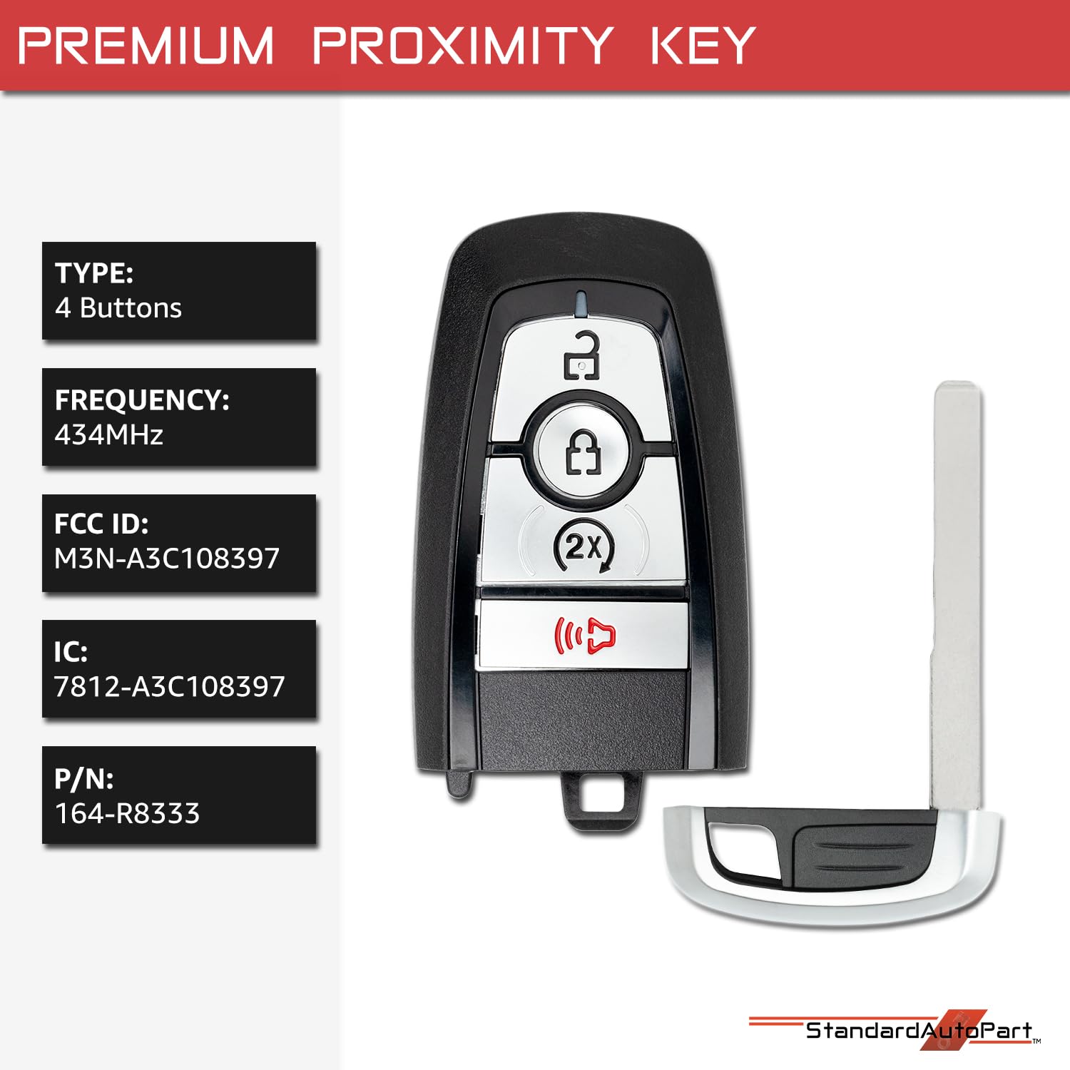 StandardAutoPart Smart Proximity Key Fob Remote Compatible with Ford F-250 F-350 F-450 F-550 F-600 F-750 Maverick Ranger Transit M3N-A3C108397 164-R8333 IC: 7812-A3C108397 (4 Button)