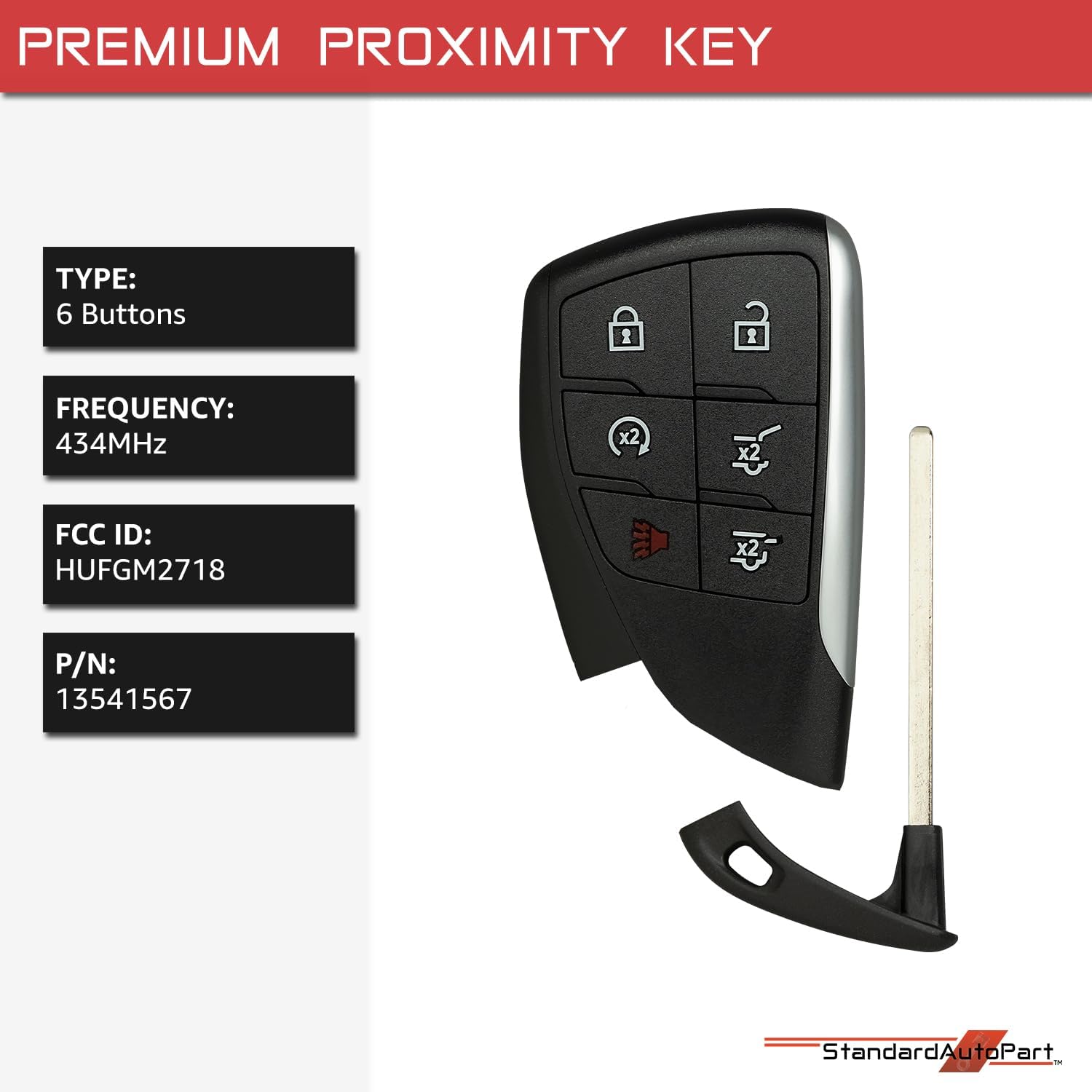 StandardAutoPart Smart Proximity Key Fob Remote Compatible with Chevrolet Tahoe Suburban Yukon Envision HUFGM2718 13541567 (6 Button)