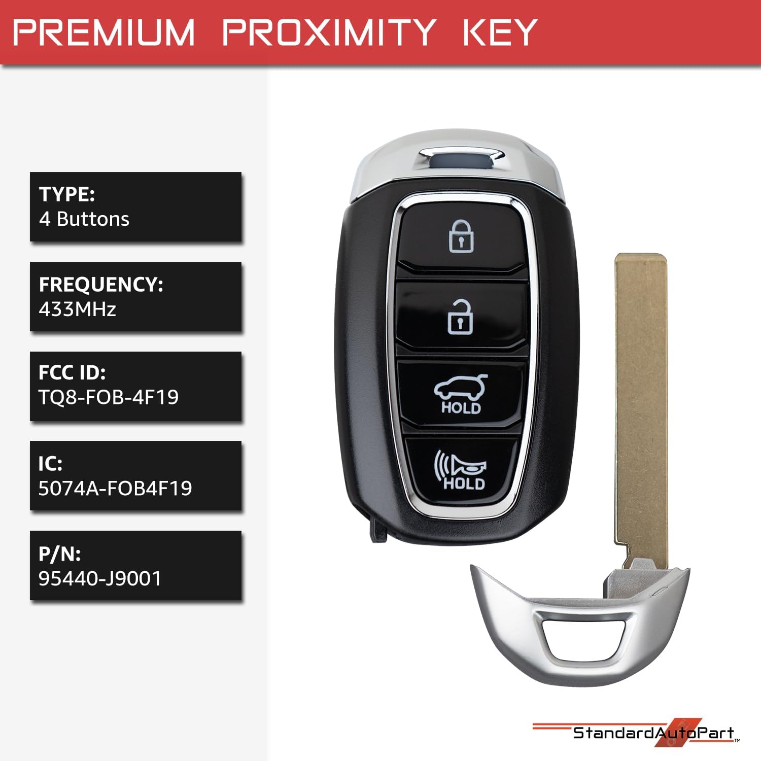 StandardAutoPart Smart Proximity Key Fob Remote Compatible with Hyundai Kona Electric 2019 2020 2021 TQ8-FOB-4F19 95440-J9001 IC: 5074A-FOB4F19 (4 Button)
