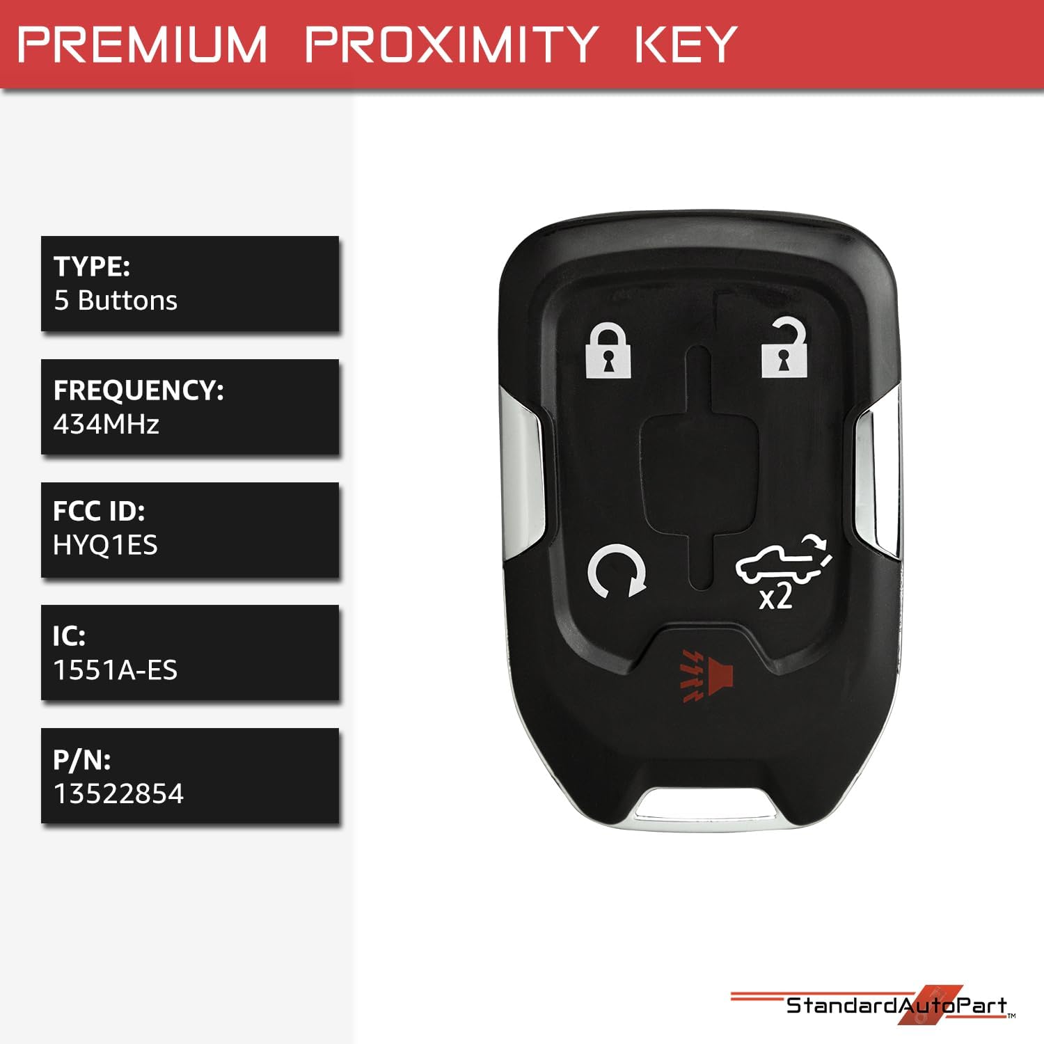 StandardAutoPart Smart Proximity Key Fob Remote Compatible with Chevrolet Silverado Sierra HYQ1ES IC: 1551A-1ES (5 Button)