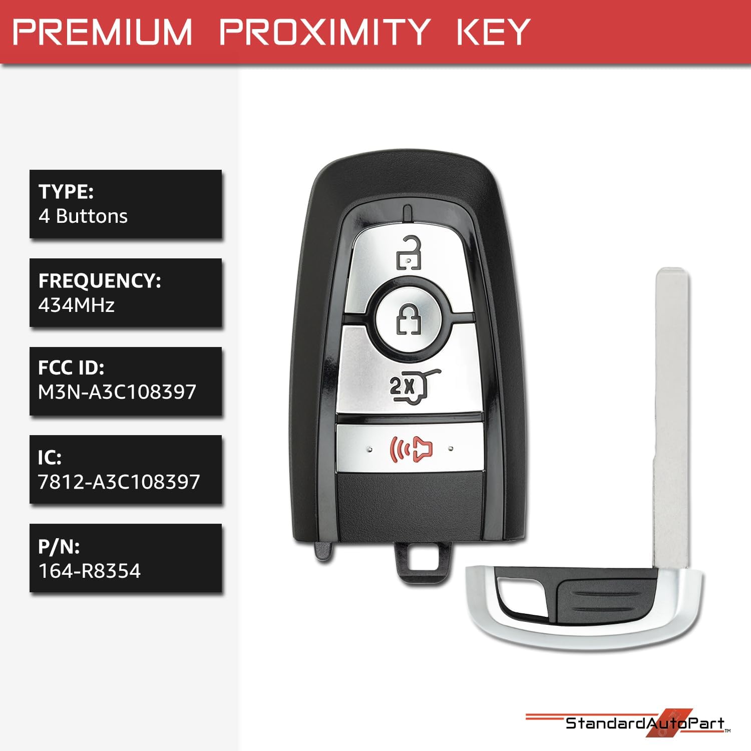 StandardAutoPart 4 Button Smart Proximity Key Fob Remote Compatible with Ford Expedition FCC ID: M3N-A3C108397 164-R8354 IC: 7812-A3C108397