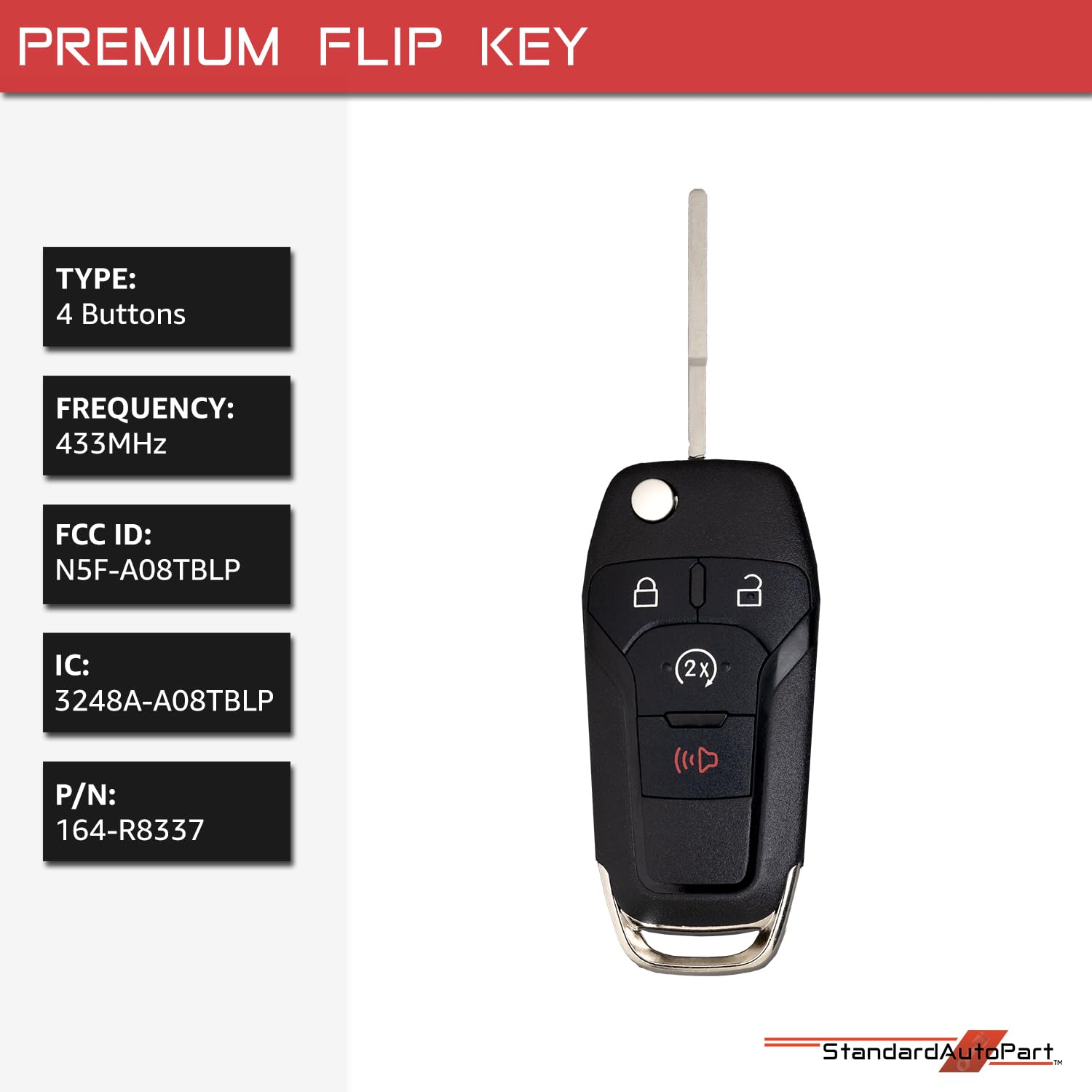 StandardAutoPart Flip Key fob Remote Compatible with Ford F-150 F-250 F-350 F-450 F-550 F-600 F-750 Ranger Transit N5F-A08TBLP 164-R8337 5945868 IC: 3248A-A08TBLP (4 Button)