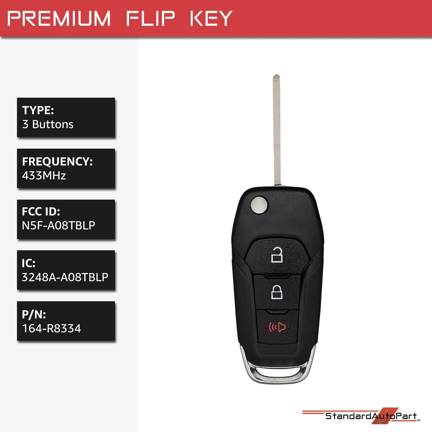 StandardAutoPart Flip Key fob Remote Compatible with Ford F-150 F-250 F-350 F-450 F-550 F-600 F-750 Maverick Ranger Transit N5F-A08TBLP 164-R8334 IC: 3248A-A08TBLP (3 Button)