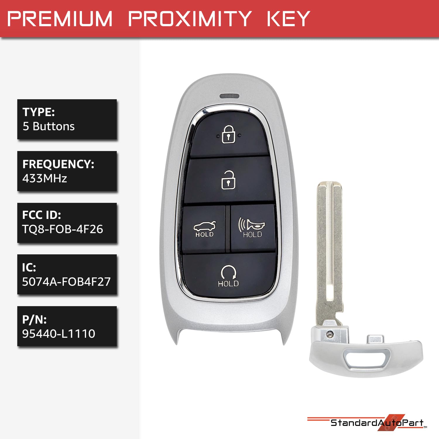 StandardAutoPart Smart Proximity Key Fob Remote Compatible with Hyundai Sonata 2020 2021 2022 2023 FCC ID: TQ8-FOB-4F26 95440-L1110 IC: 5074A-FOB4F27 (5 Button)