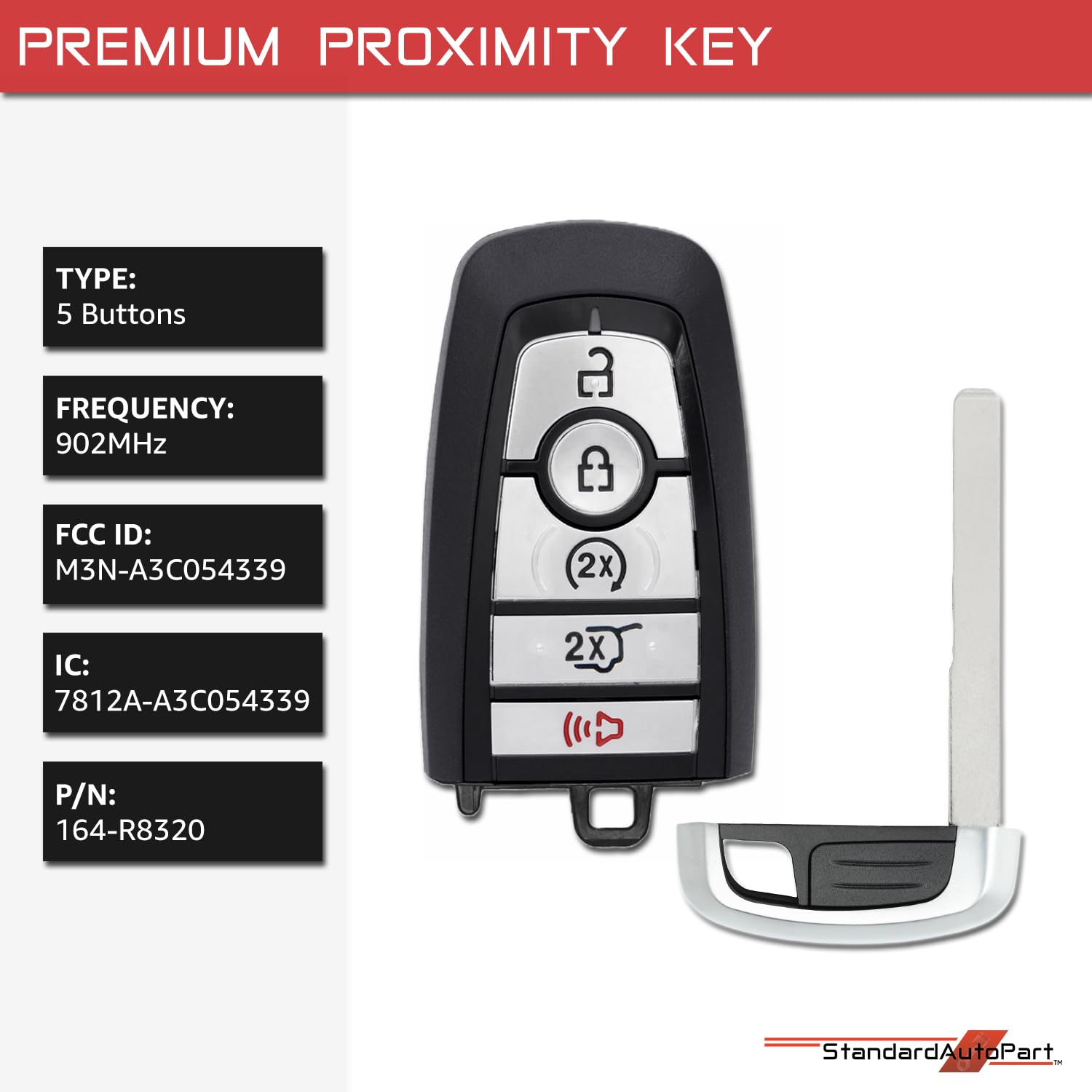 StandardAutoPart Smart Proximity Key Fob Remote Compatible with Ford Edge Expedition Explorer Navigator Nautilus FCC ID: M3N-A3C054339 164-R8320 IC: 7812A-A3C054339 (5 Button)
