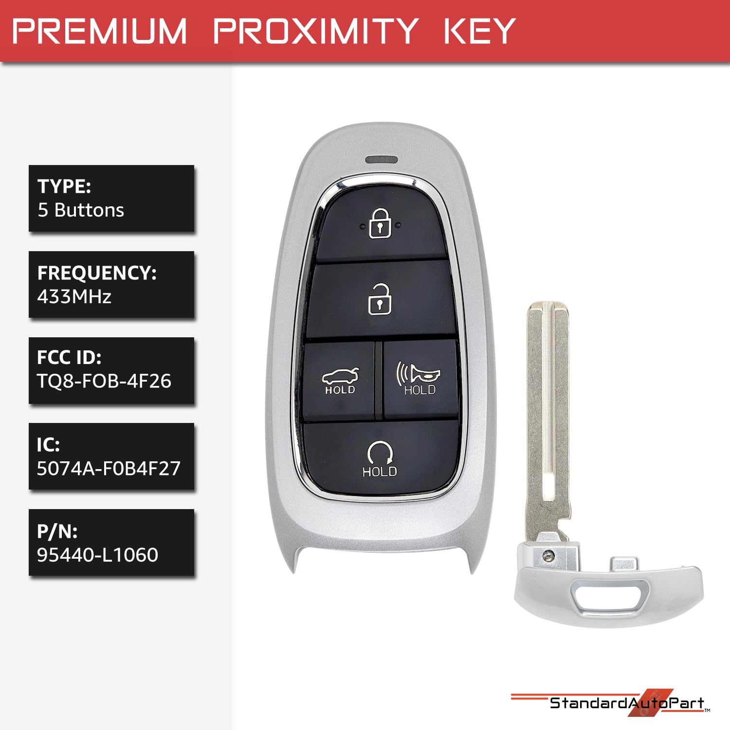 StandardAutoPart Smart Proximity Key Fob Remote Compatible with Hyundai Sonata 2019 2020 2021 2022 2023 TQ8-FOB-4F26 95440-L1060 (5 Button) (IC: 5074A-F0B4F27)