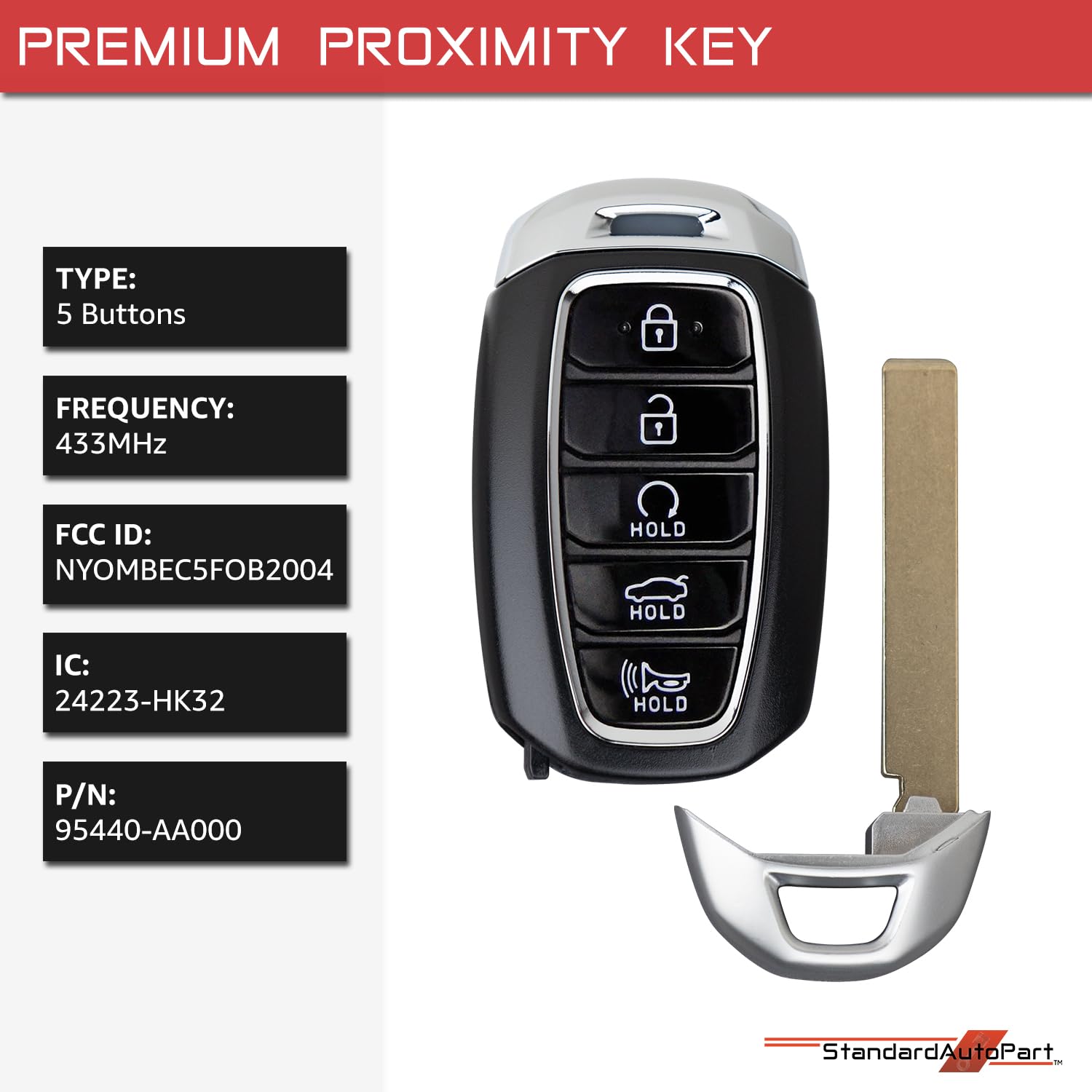 StandardAutoPart Smart Proximity Key Fob Remote Compatible with Hyundai Elantra Hybrid (2021-2024) Elantra N (2022-2023) NYOMBEC5FOB2004 95440-AA000 (5 Button)
