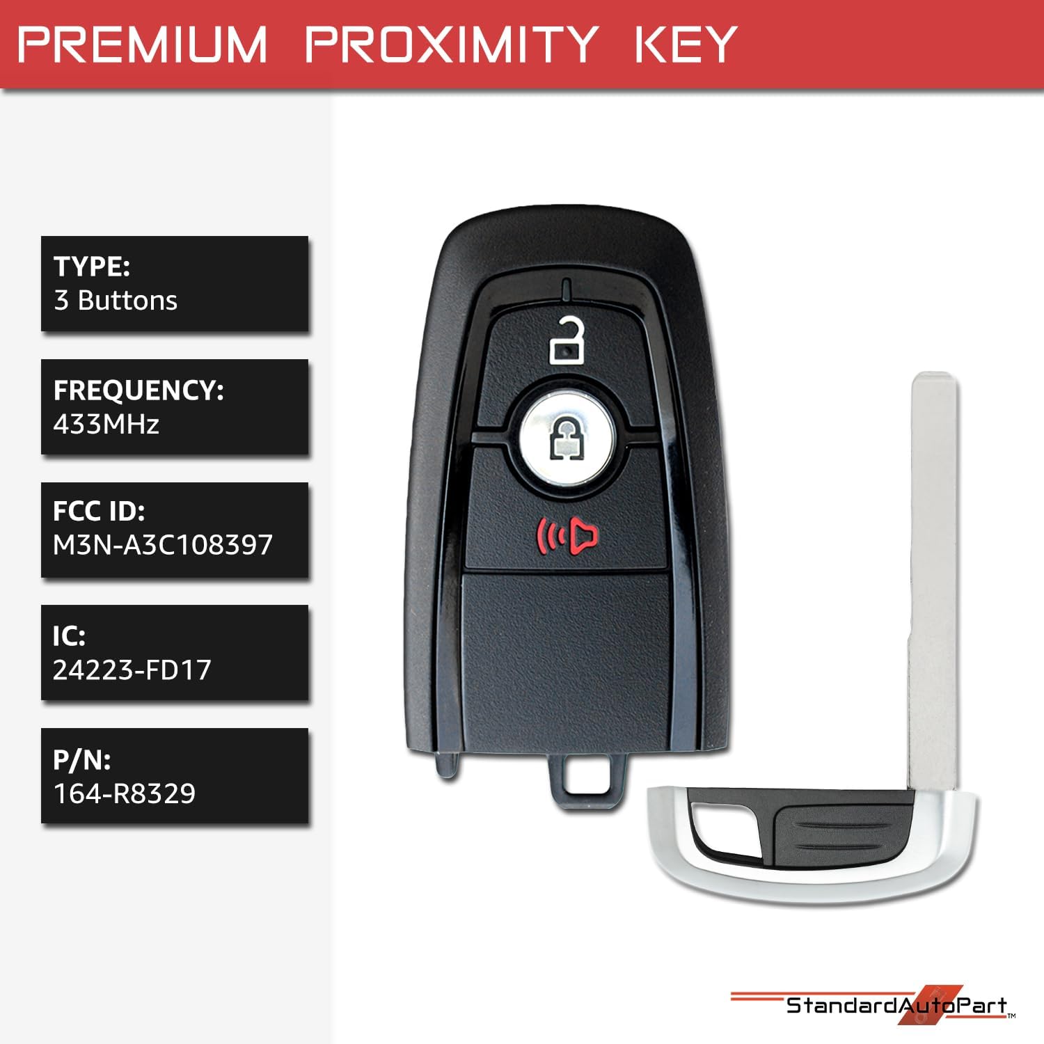 StandardAutoPart Premium Replacement Key Compatible with Ford F-250 F-350 F-450 F-550 F-600 F-750 F-750 Transit FCC ID: M3N-A3C108397 164-R8329 IC: 7812-A3C108397 (3 Button)