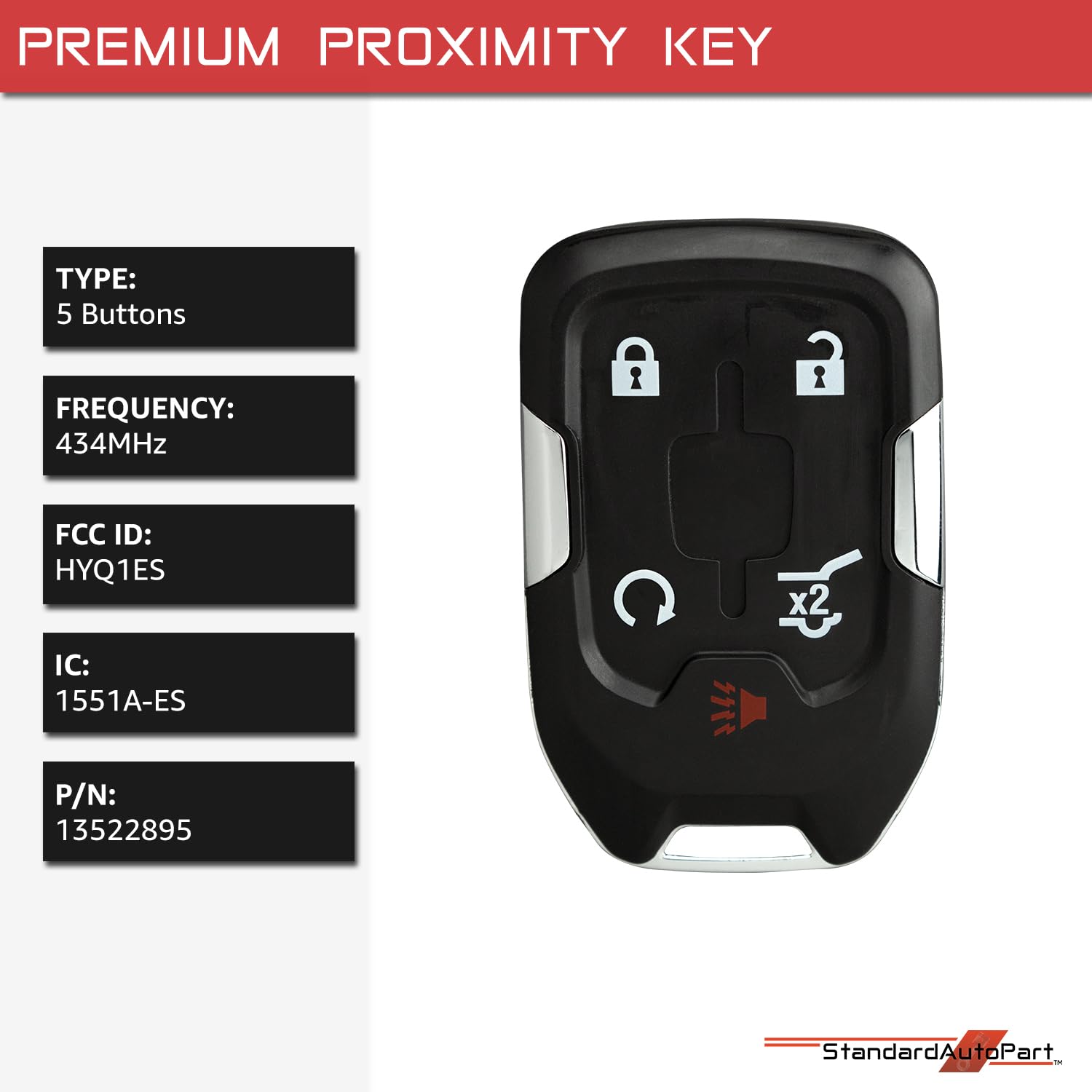 StandardAutoPart Smart Proximity Key Fob Remote Compatible with GMC Acadia Terrain 2021 2022 2023 2024 HYQ1ES 13522895 IC: 1551A-ES (5 Button Hatch)