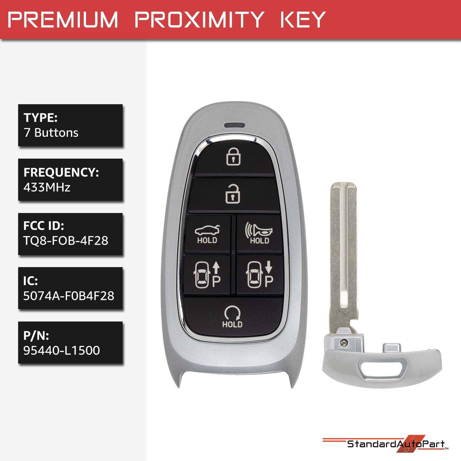StandardAutoPart Smart Proximity Key Fob Remote Compatible with Hyundai Sonata 2019 2020 2021 2022 2023 FCC ID: TQ8-FOB-4F28 95440-L1500 IC: 5074A-F0B4F28 (7 Button)