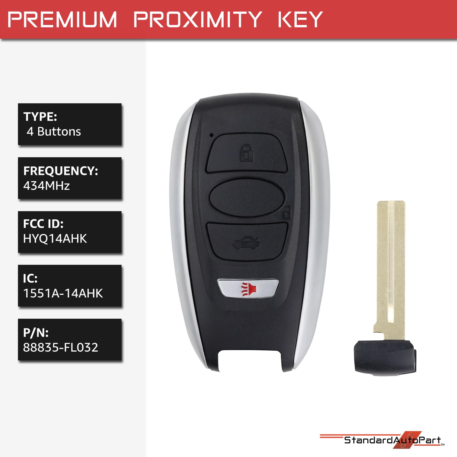 StandardAutoPart Smart Proximity Key Fob Remote Compatible with Subaru Ascent BRZ Crosstrek Forester Impreza Legacy Outback WRX STI HYQ14AHK IC: 1551A-14AHK 88835-FL03A (4 Button)