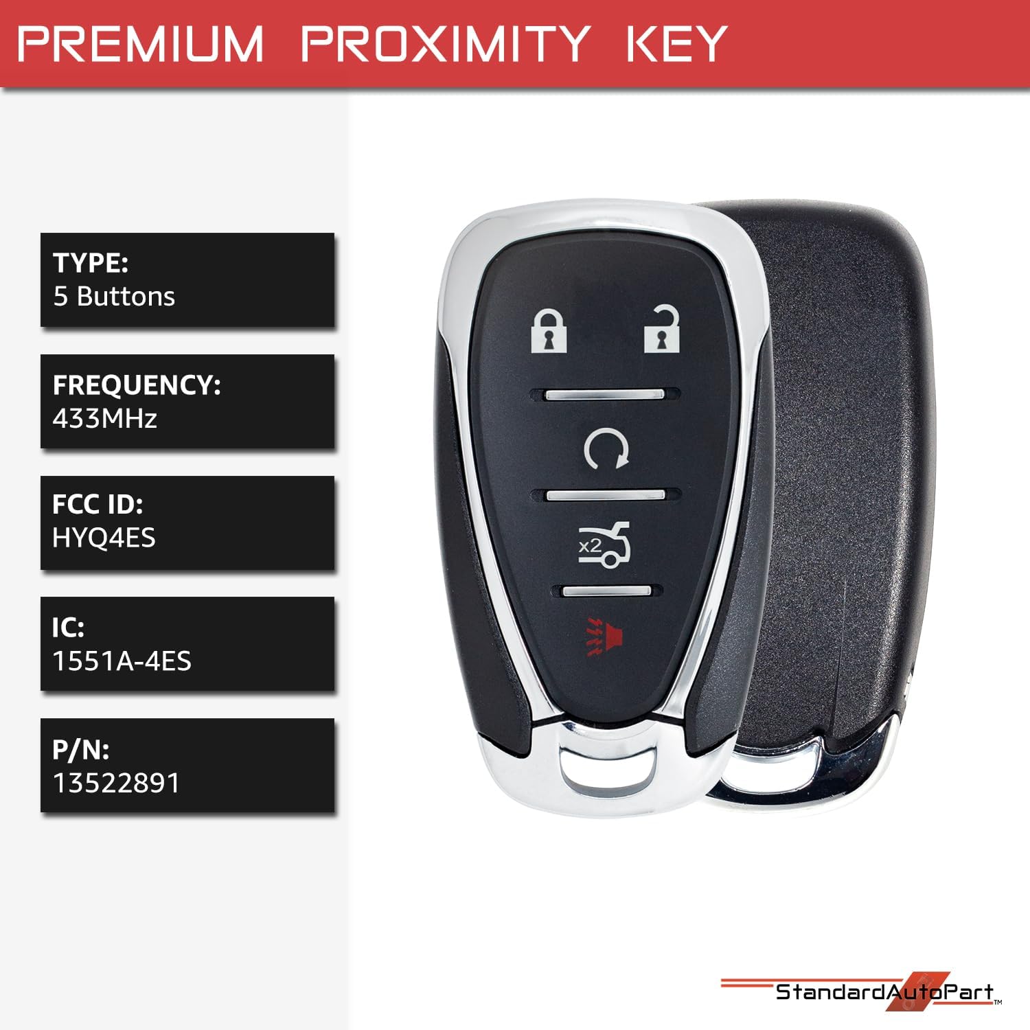 StandardAutoPart Smart Proximity Key Fob Remote Compatible with Chevrolet Camaro Malibu 2021 2022 2023 2024 2025 HYQ4ES 13522891 IC: 1551A-4ES (5 Button)