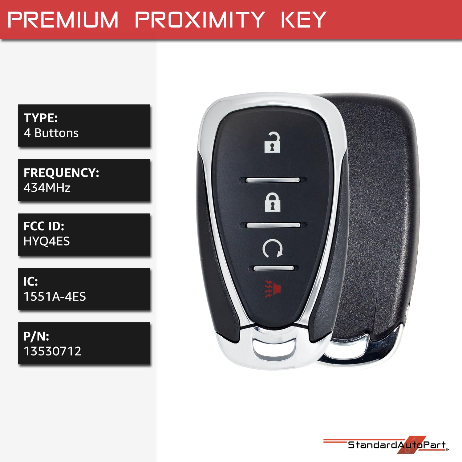 StandardAutoPart Smart Proximity Key Fob Remote Compatible with Chevrolet Blazer Bolt Trailblazer Traverse Trax HYQ4ES 13530712 IC: 1551A-4ES (4 Button RS)