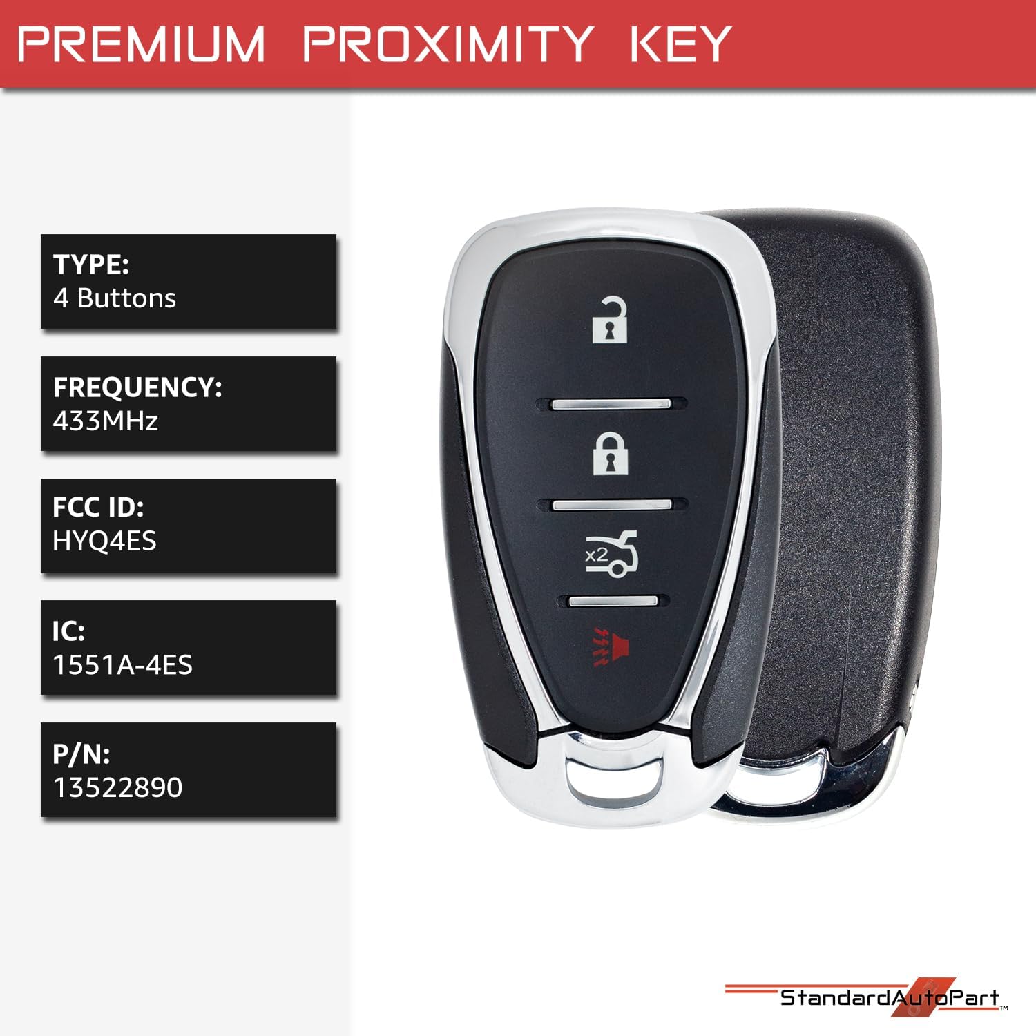 StandardAutoPart Smart Proximity Key Fob Remote Compatible with Chevrolet Camaro Malibu 2021 2022 2023 2024 2025 HYQ4ES 13522890 IC: 1551A-4ES (4 Button)