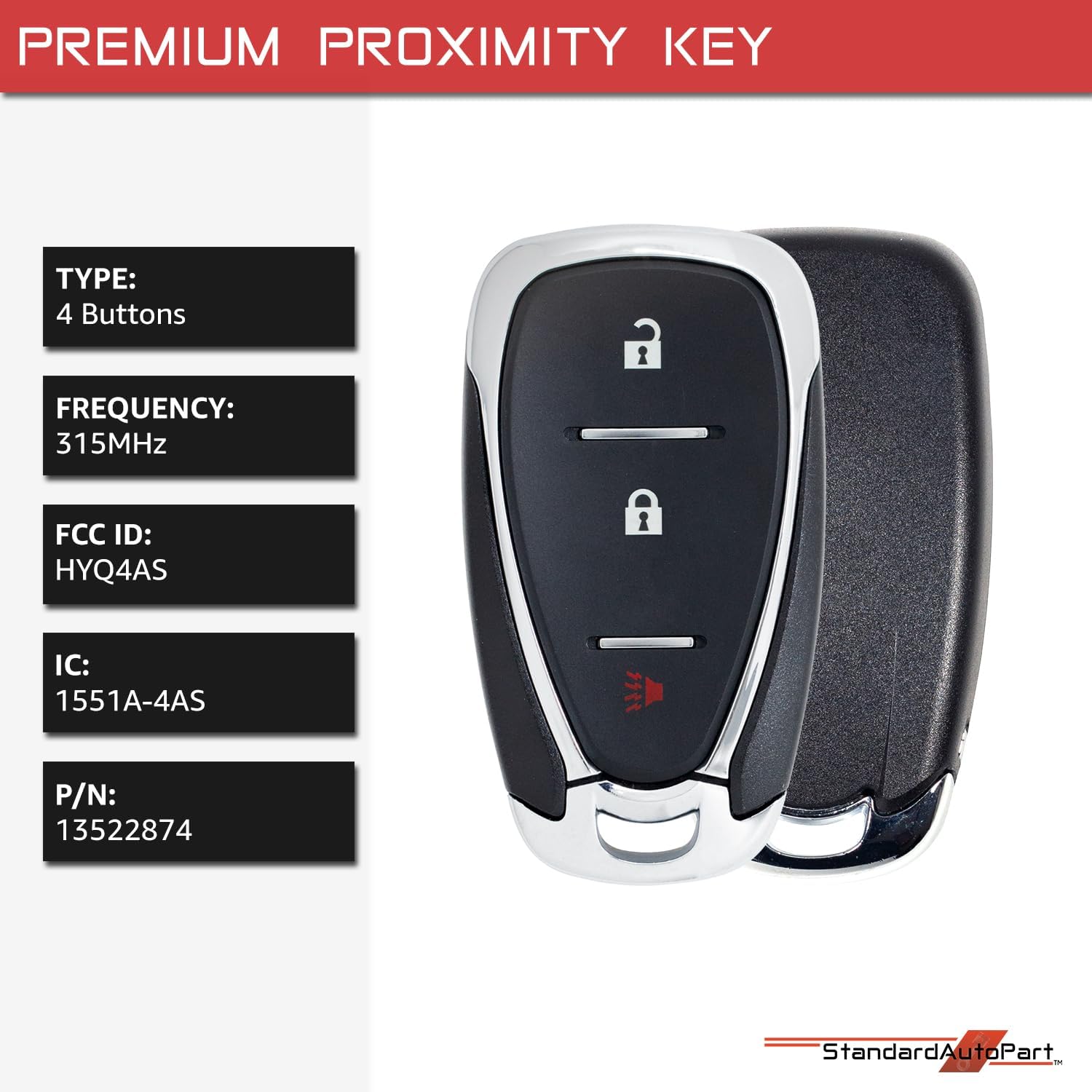 StandardAutoPart Smart Proximity Key Fob Remote Compatible with Chevrolet Equinox Spark 2021 2022 2023 2024 HYQ4AS 13522889 IC: 1551A-4AS (3 Button)