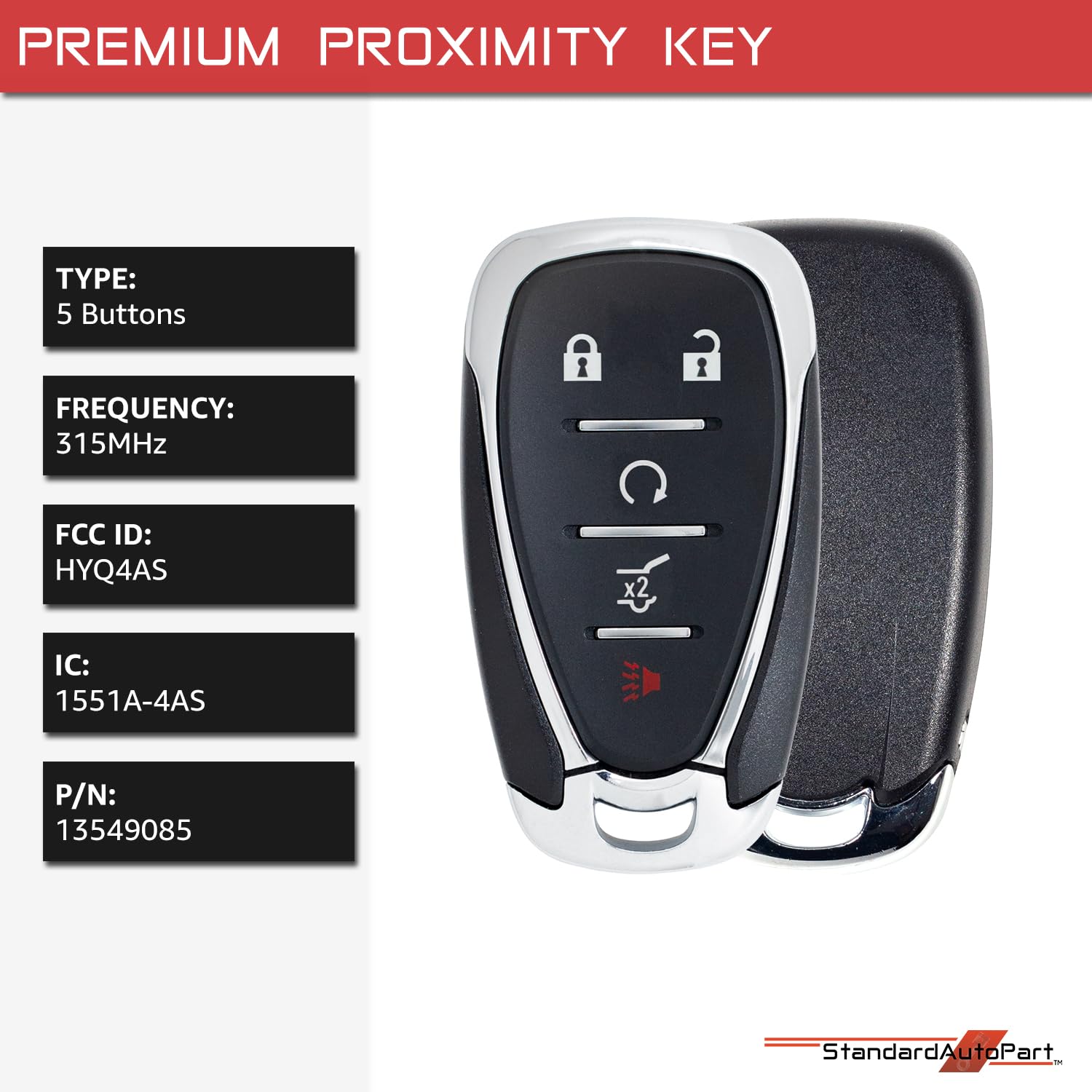 StandardAutoPart Smart Proximity Key Fob Remote Compatible with Chevrolet Equinox 2022 2023 2024 HYQ4AS 13549085 IC: 1551A-4AS (5 Button)