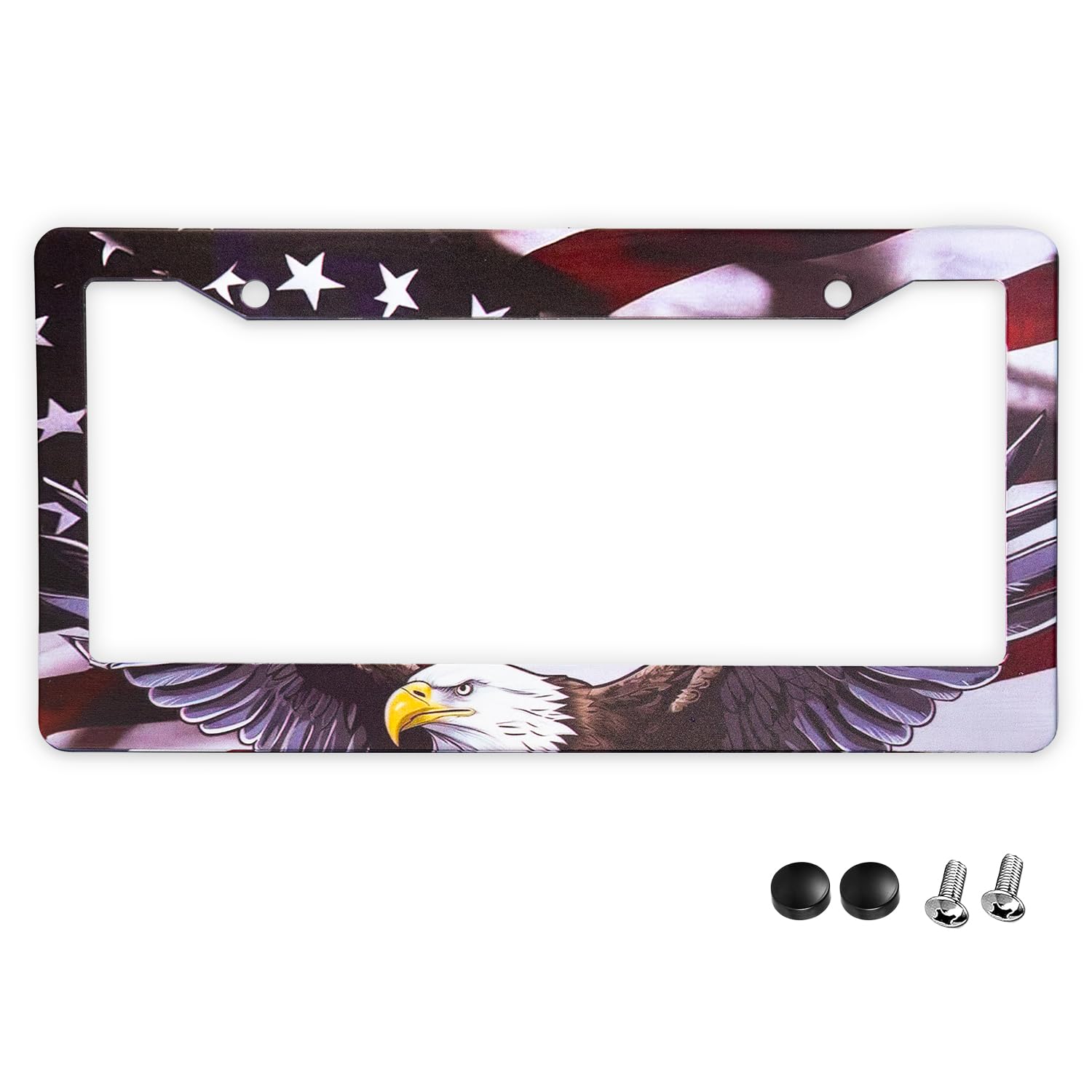 American Flag License Plate Frames – Plastic USA Flag Car Tag Holder with Screws Caps and Patriotic Decals – Universal Fit (1 Pack)