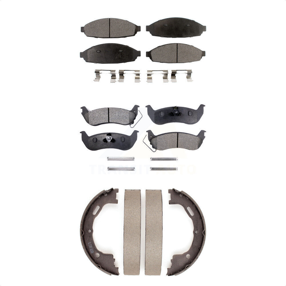 Front Rear Ceramic Brake Pads & Parking Shoe Kit For Lincoln Town Car Ford Crown
