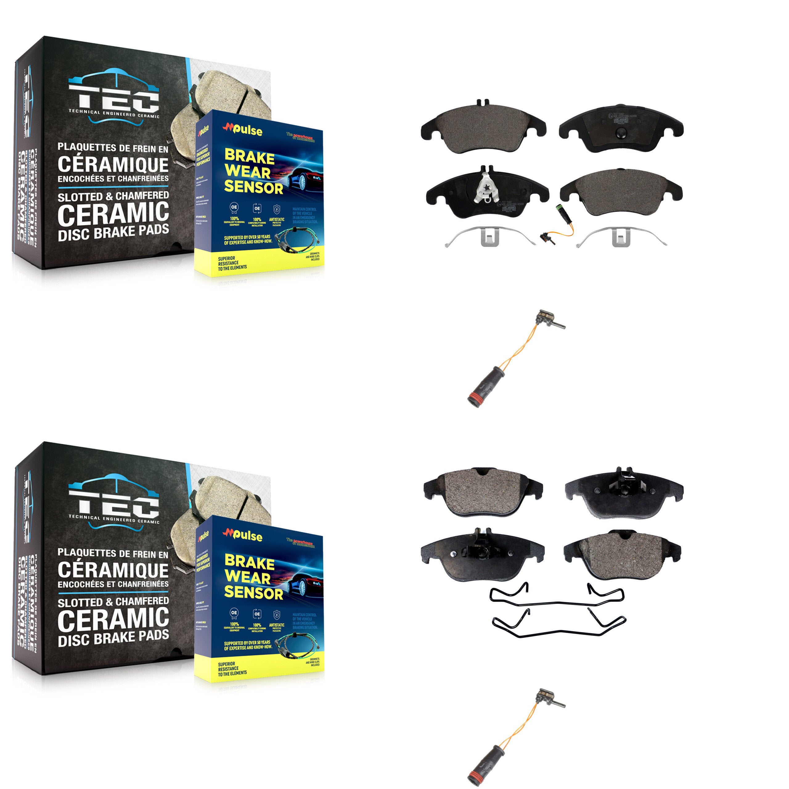 Front Rear Ceramic Brake Pad & Extra Wear Sensor Kit For Mercedes-Benz C300 C350