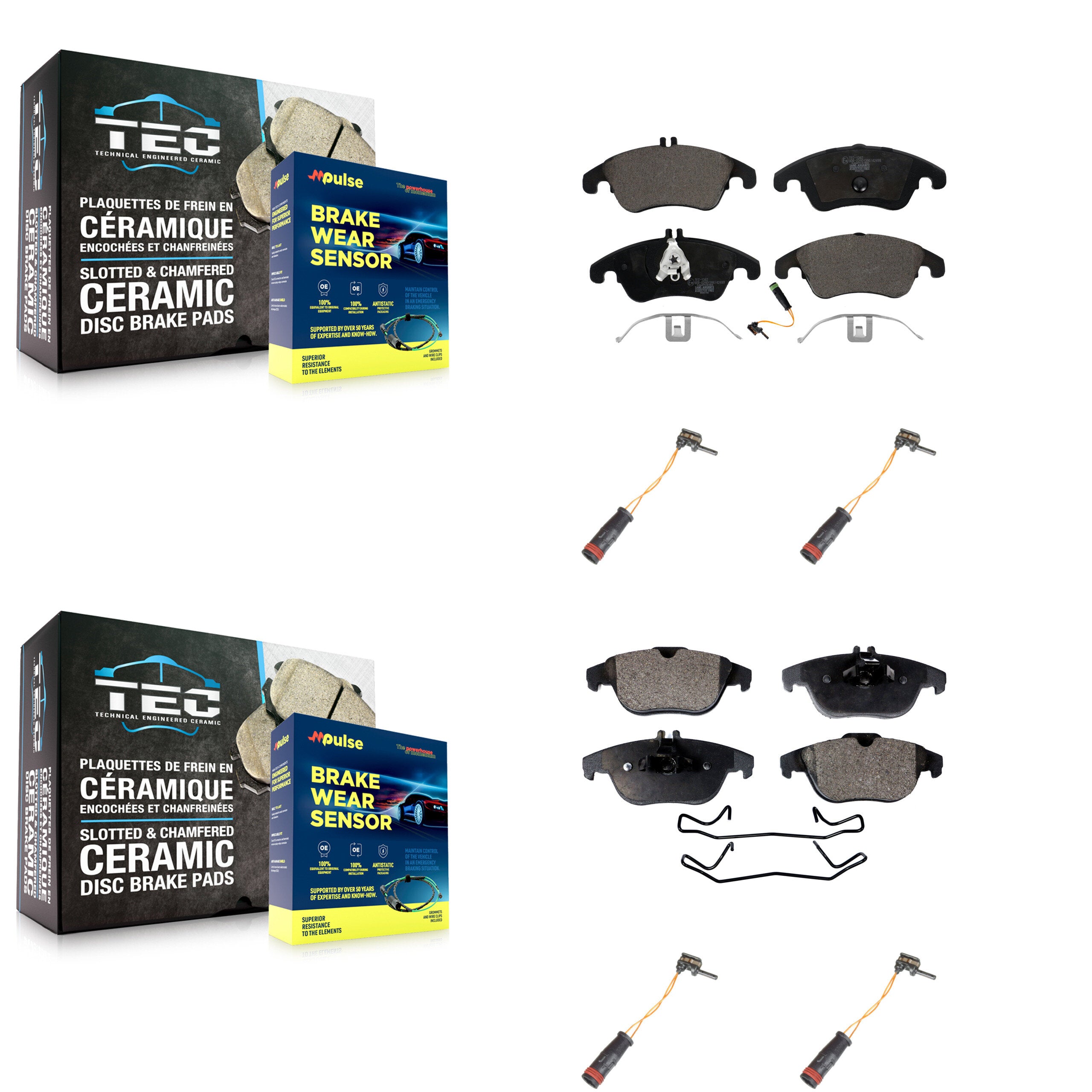 Front Rear Ceramic Brake Pad & Extra Wear Sensor Kit For Mercedes-Benz C300 C350