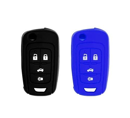 Silicone Key Cover for Chevy Cruze Equinox Impala Malibu Sonic Allure Lacrosse Regal Verano Encore Terrain OHT01060512 13504200 (4 Button - Black & Blue)