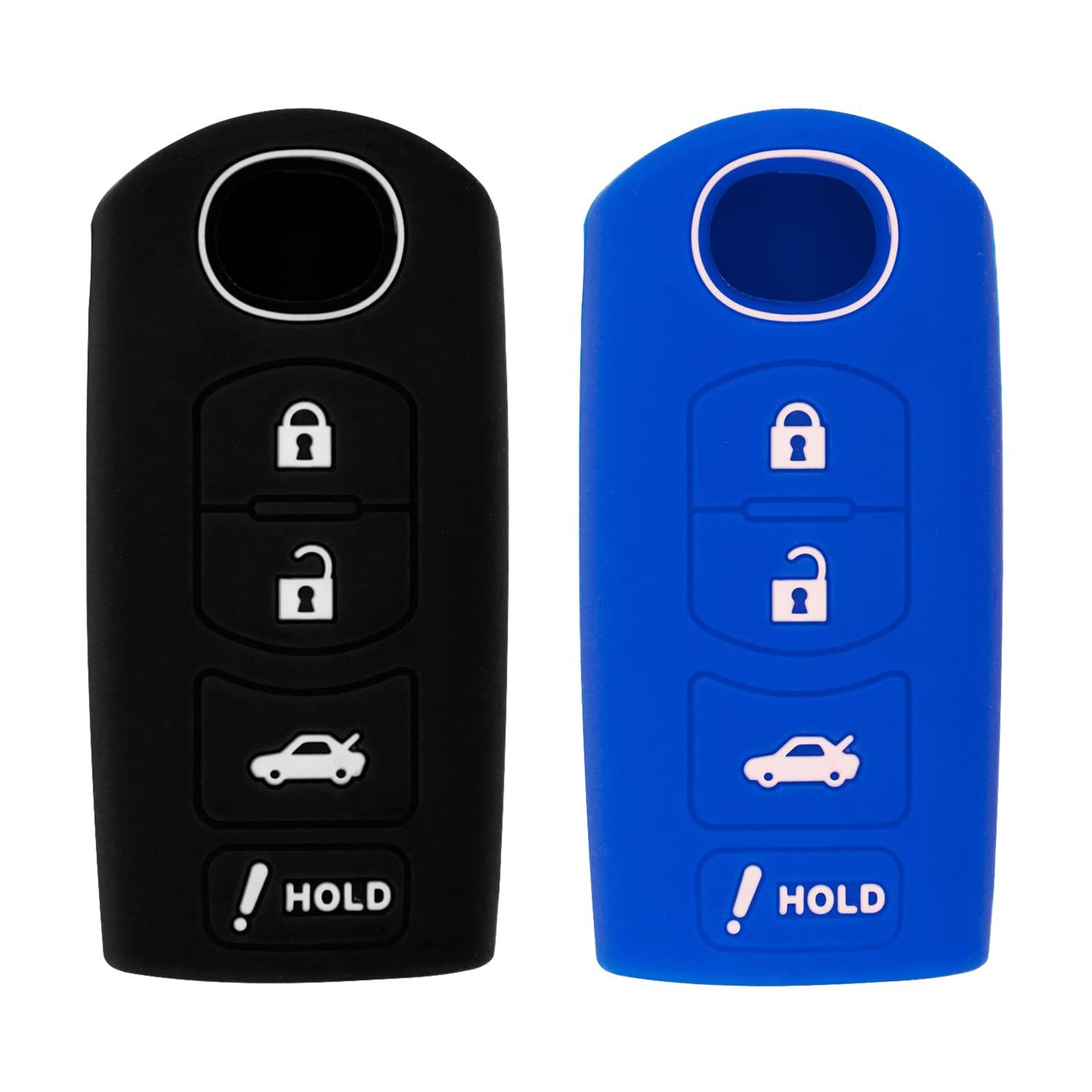 Silicone Key Cover for Mazda 3 6 CX-5 CX-7 CX-9 MX-5 Miata CX-3 2 Speed 3 KR55WK49383 D6Y1-76-2GXB (Black & Blue - 4 Button)
