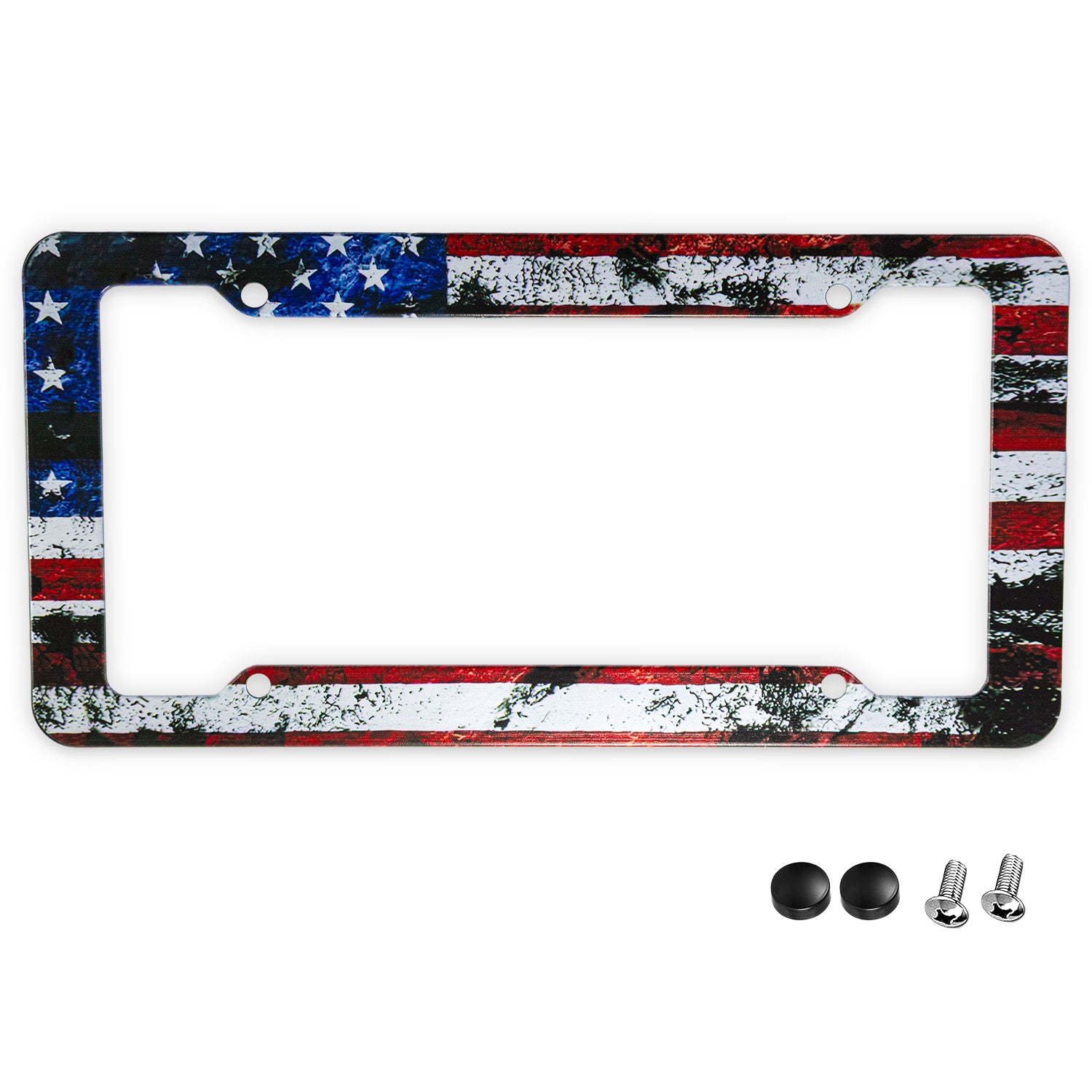 StandardAutoPart American Flag License Plate Frames – Plastic USA Flag Car Tag Holder with Screws Caps and Patriotic Decals – Universal Fit