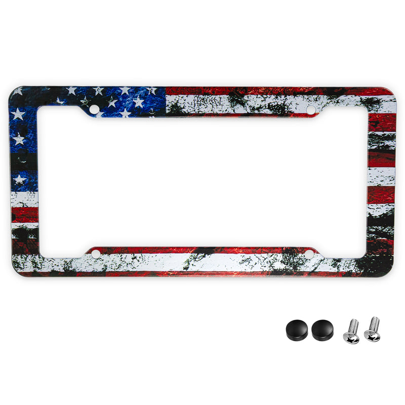 StandardAutoPart American Flag License Plate Frames – Plastic USA Flag Car Tag Holder with Screws Caps and Patriotic Decals – Universal Fit