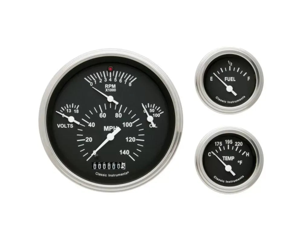 Classic Instruments TE01BSLF Tetra Series Black Flat Lens 3-Gauge Set for 1957 Chevrolet Bel Air