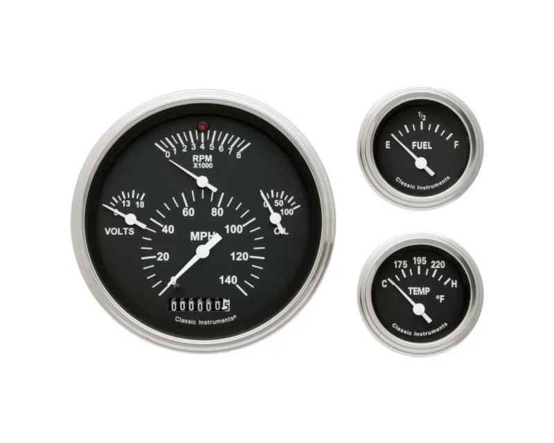 Classic Instruments TE01BSLF Tetra Series Black Flat Lens 3-Gauge Set for 1957 Chevrolet Bel Air