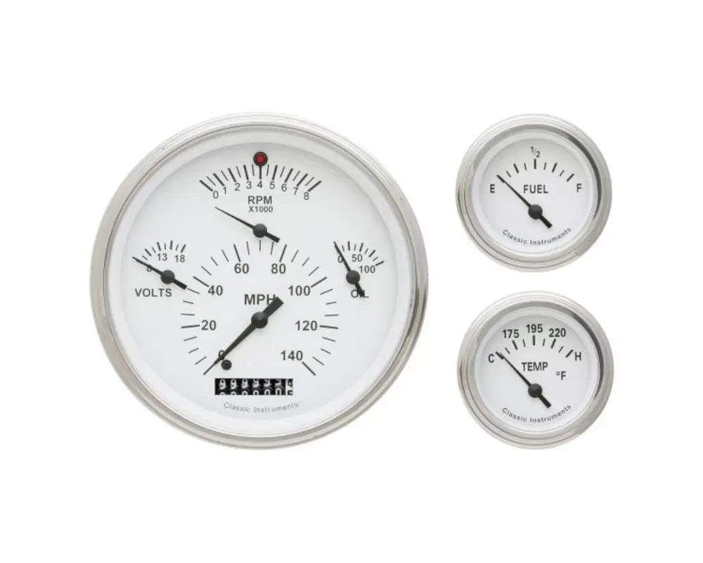Classic Instruments TE01WSLF Tetra Series White Flat Lens 3-Gauge Set for 1957 Chevrolet Bel Air