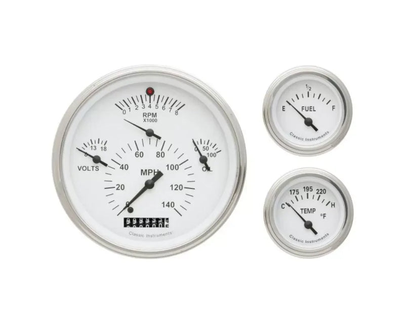 Classic Instruments TE01WSLF Tetra Series White Flat Lens 3-Gauge Set for 1957 Chevrolet Bel Air