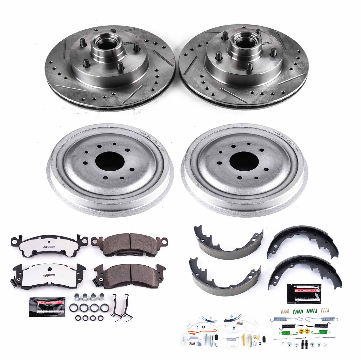 Power Stop K15028DK-26 Z26 Street Warrior 1-Click Front And Rear Pad And Rotor Kit With Drum And Brake Shoes for 1971 Chevrolet G10 Van product image