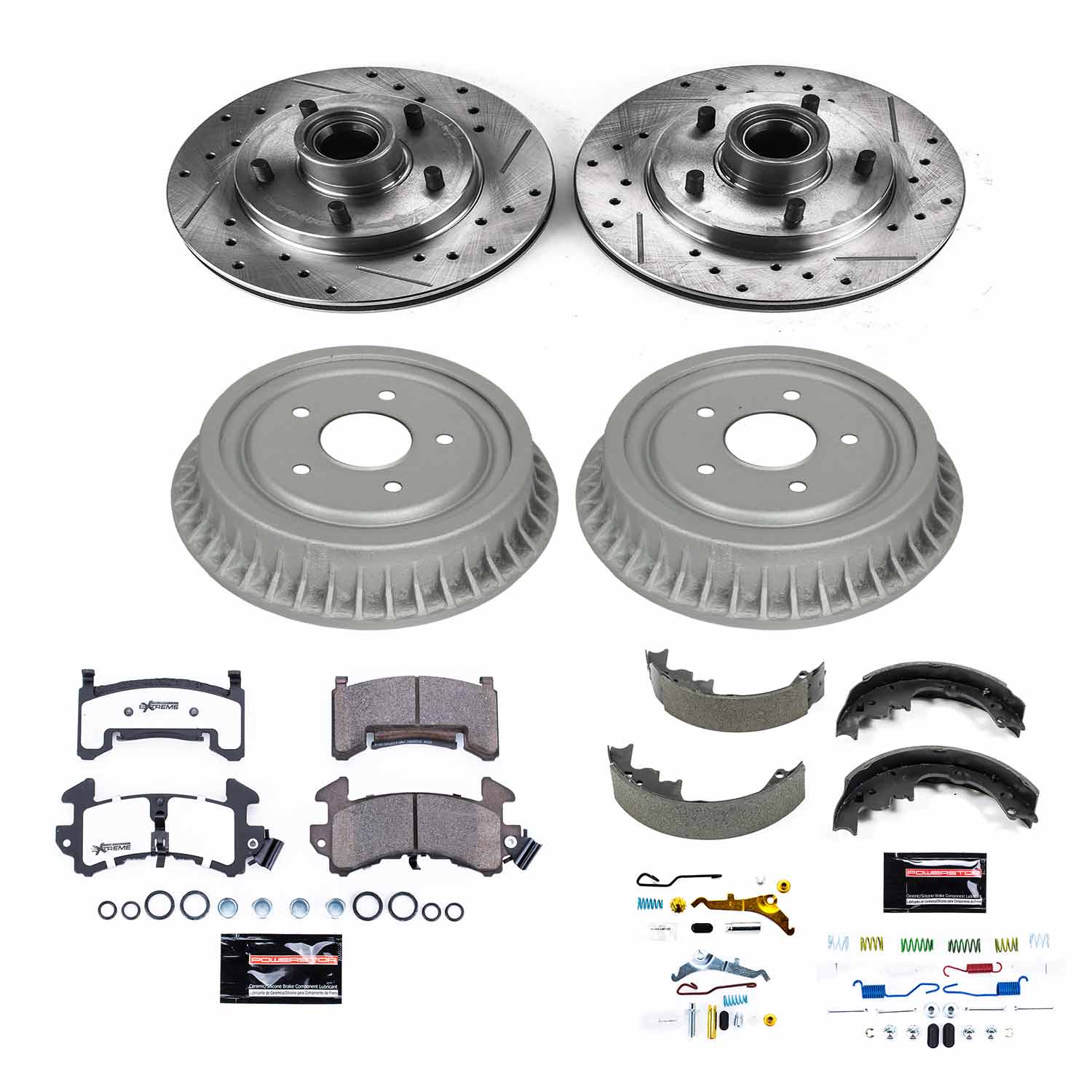 Power Stop K15054DK-26 Z26 Street Warrior 1-Click Front And Rear Pad And Rotor Kit With Drum And Brake Shoes for 1995-1996 Chevrolet Blazer Rear Wheel Drive product image