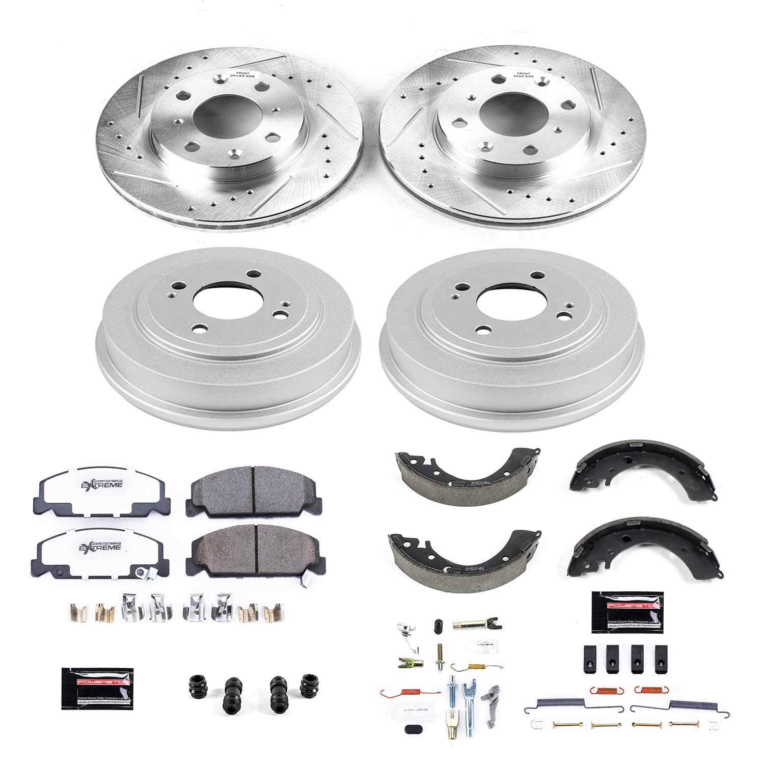 Power Stop K15085DK-26 Z26 Street Warrior 1-Click Front And Rear Pad And Rotor Kit With Drum And Brake Shoes for 1996 Honda Civic CX, DX, Hx, LX product image