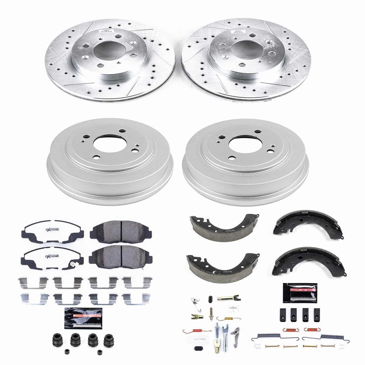 Power Stop K15086DK-26 Z26 Street Warrior 1-Click Front And Rear Pad And Rotor Kit With Drum And Brake Shoes for 1996 Honda Civic EX, LX product image