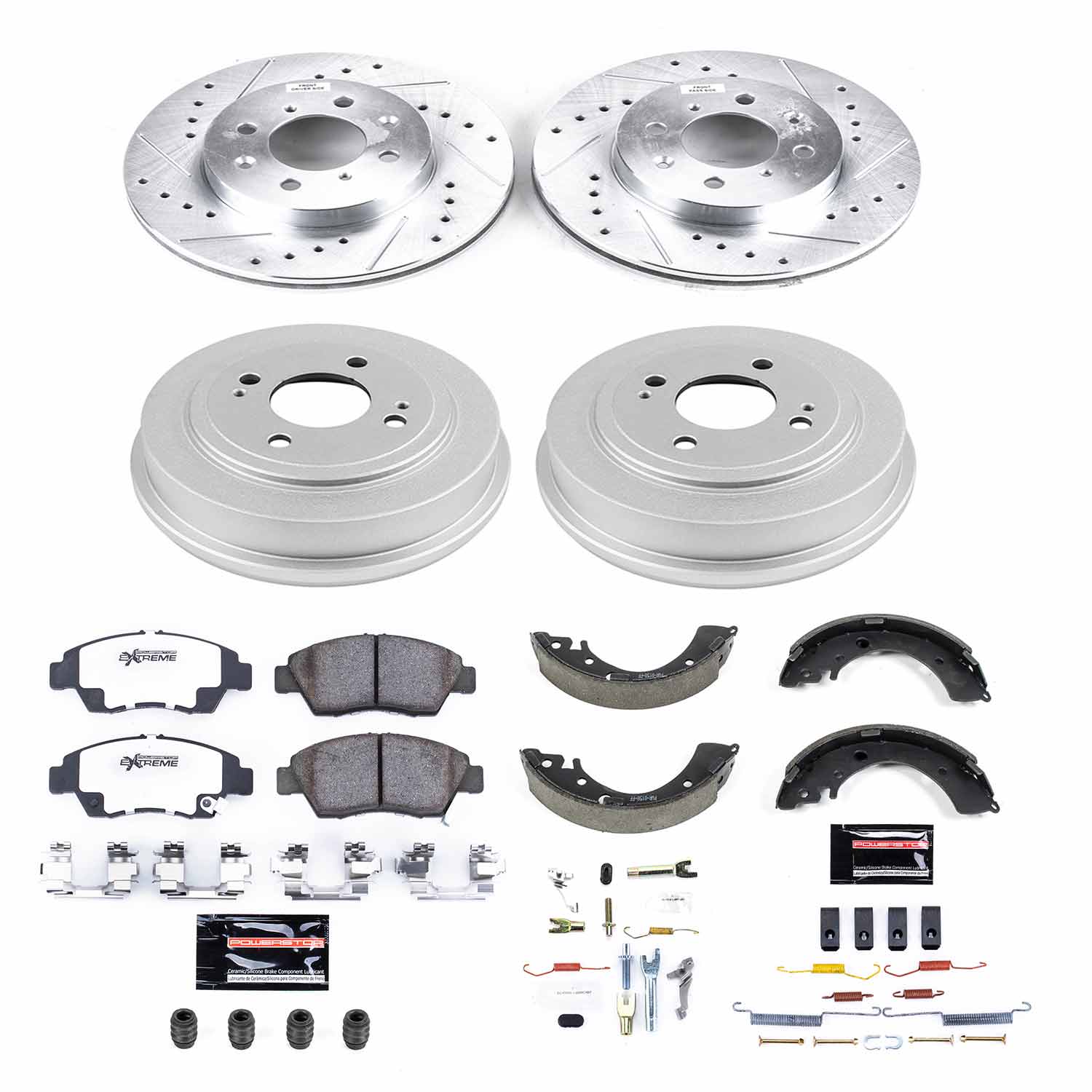 Power Stop K15088DK-26 Z26 Street Warrior 1-Click Front And Rear Pad And Rotor Kit With Drum And Brake Shoes for 2007-2008 Honda Fit product image