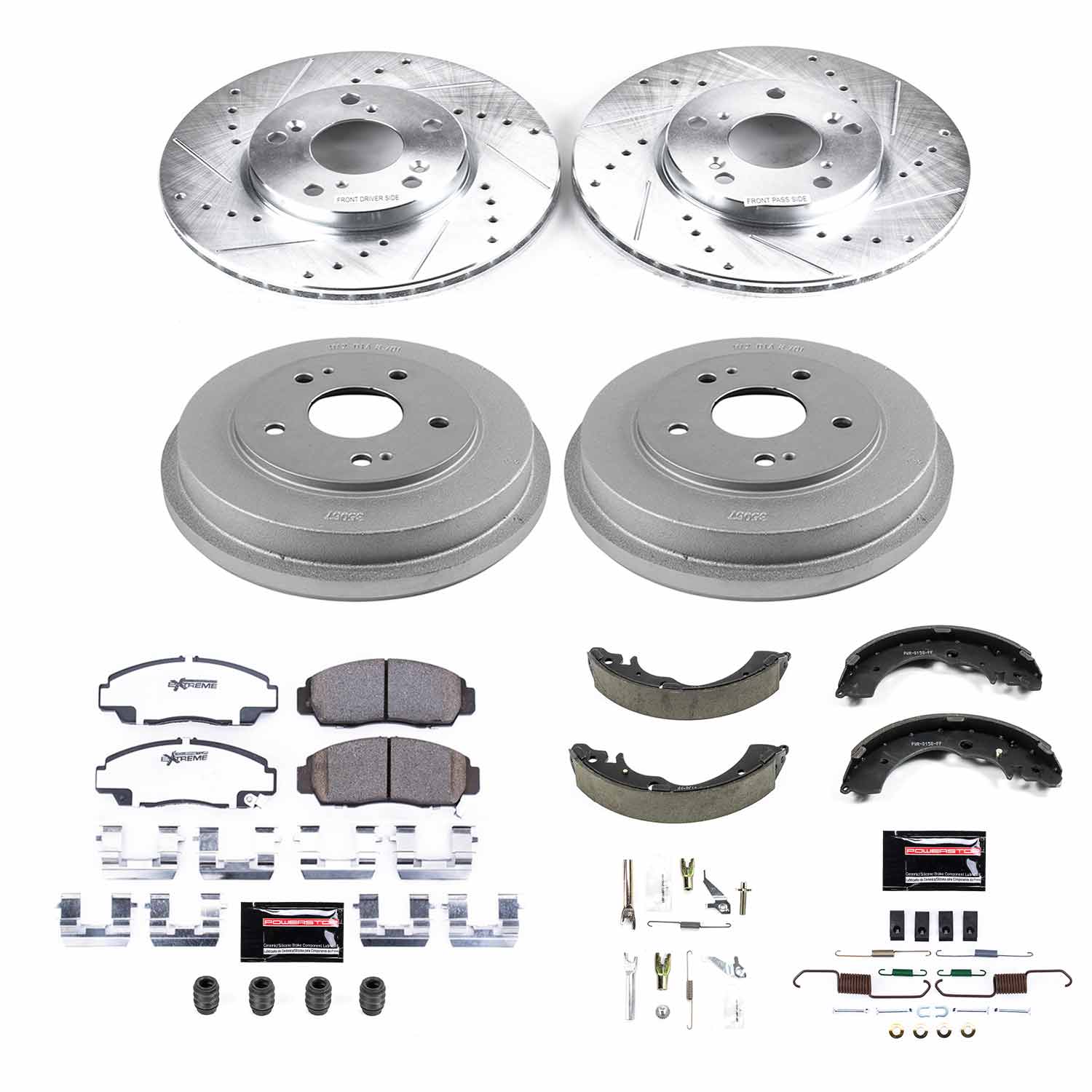 Power Stop K15109DK-26 Z26 Street Warrior 1-Click Front And Rear Brake Kit With Drum Brakes And Brake Shoes for 2006-2011 Honda Civic GX Rear Drum product image