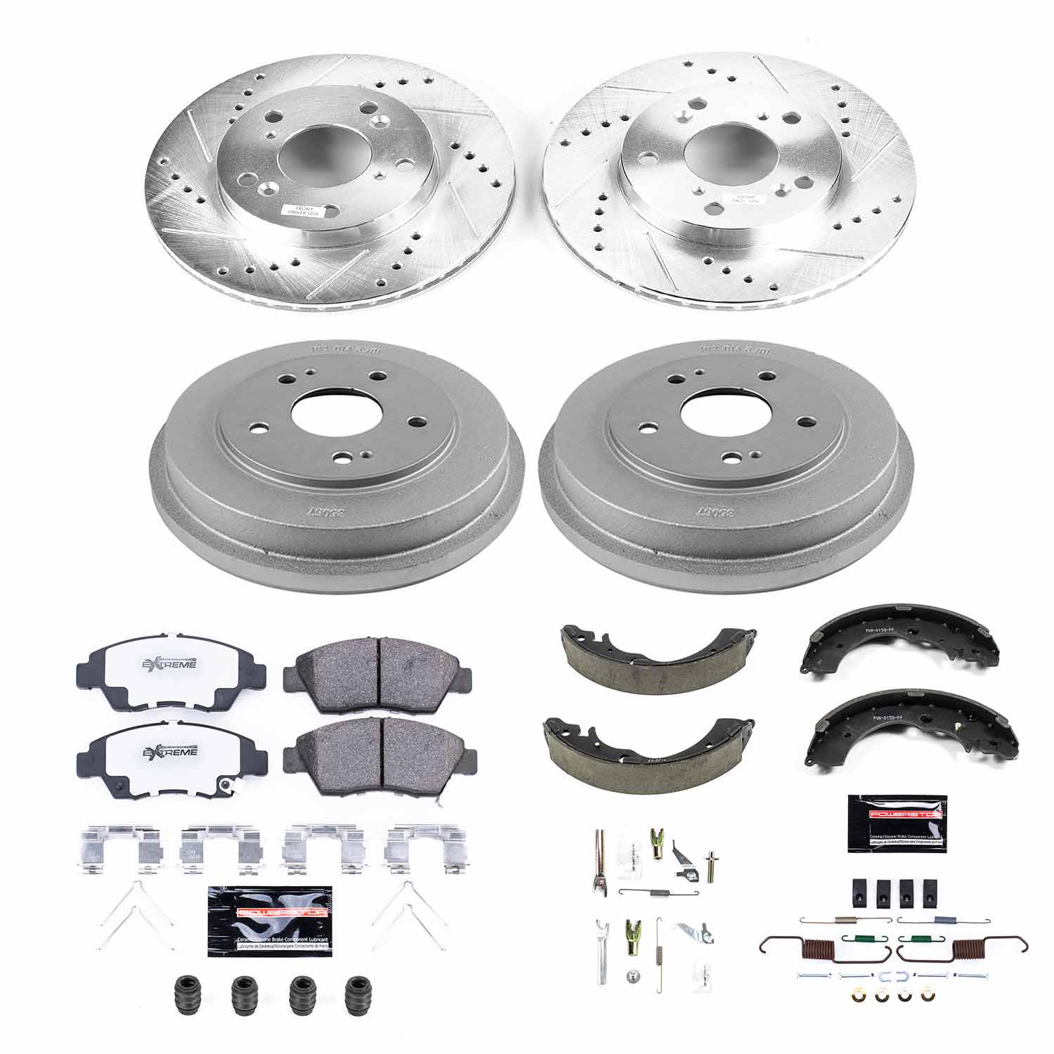Power Stop K15112DK-26 Z26 Street Warrior 1-Click Front And Rear Brake Kit With Drum Brakes And Brake Shoes for 2012 Honda Civic Hybrid, Hybrid-L Rear Drum product image