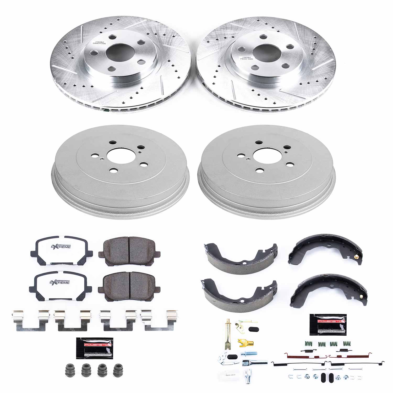 Power Stop K15220DK-26 Z26 Street Warrior 1-Click Front And Rear Brake Kit With Drum Brakes And Brake Shoes for 2003-2006 Pontiac Vibe Front Wheel Drive Rear Drum product image