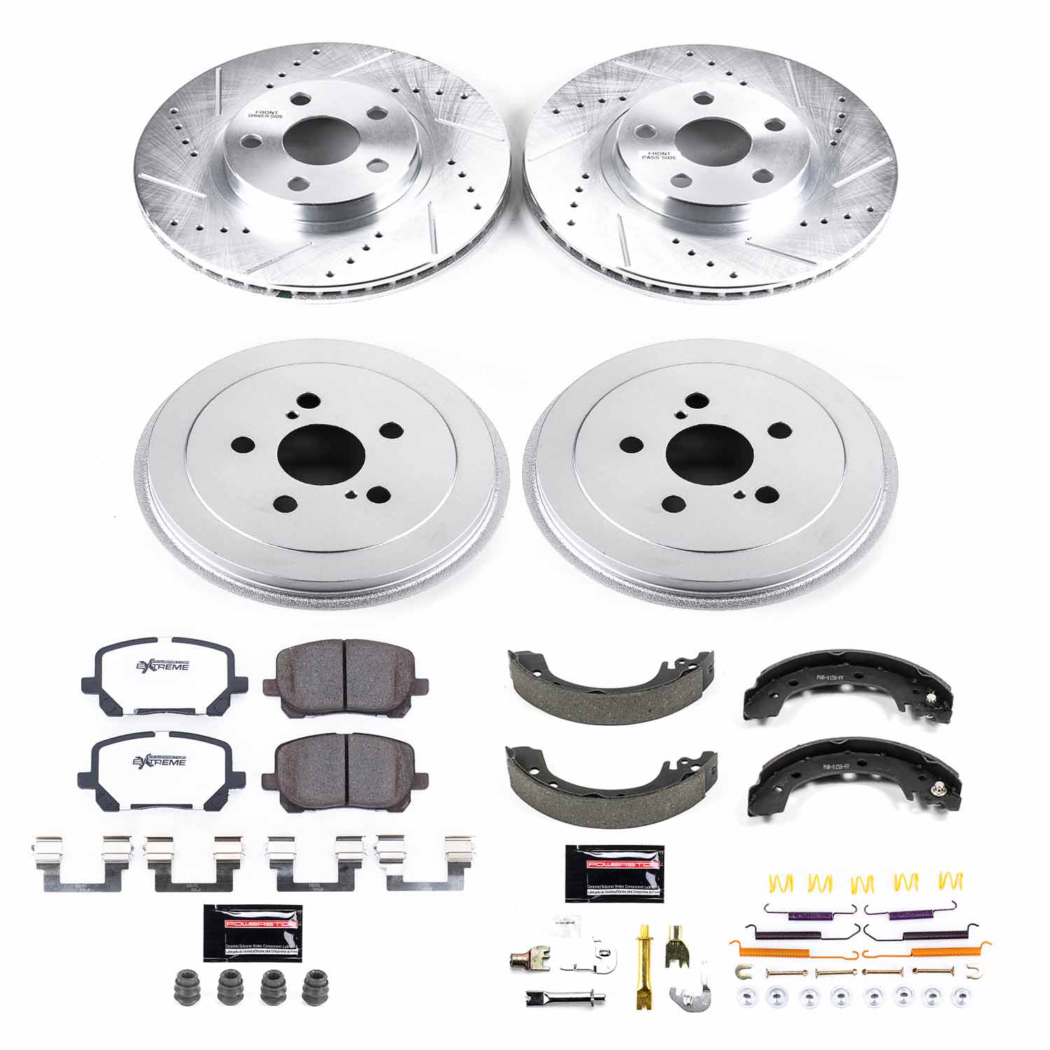 Power Stop K15227DK-26 Z26 Street Warrior 1-Click Front And Rear Brake Kit With Drum Brakes And Brake Shoes for 2003-2004 Toyota Corolla product image