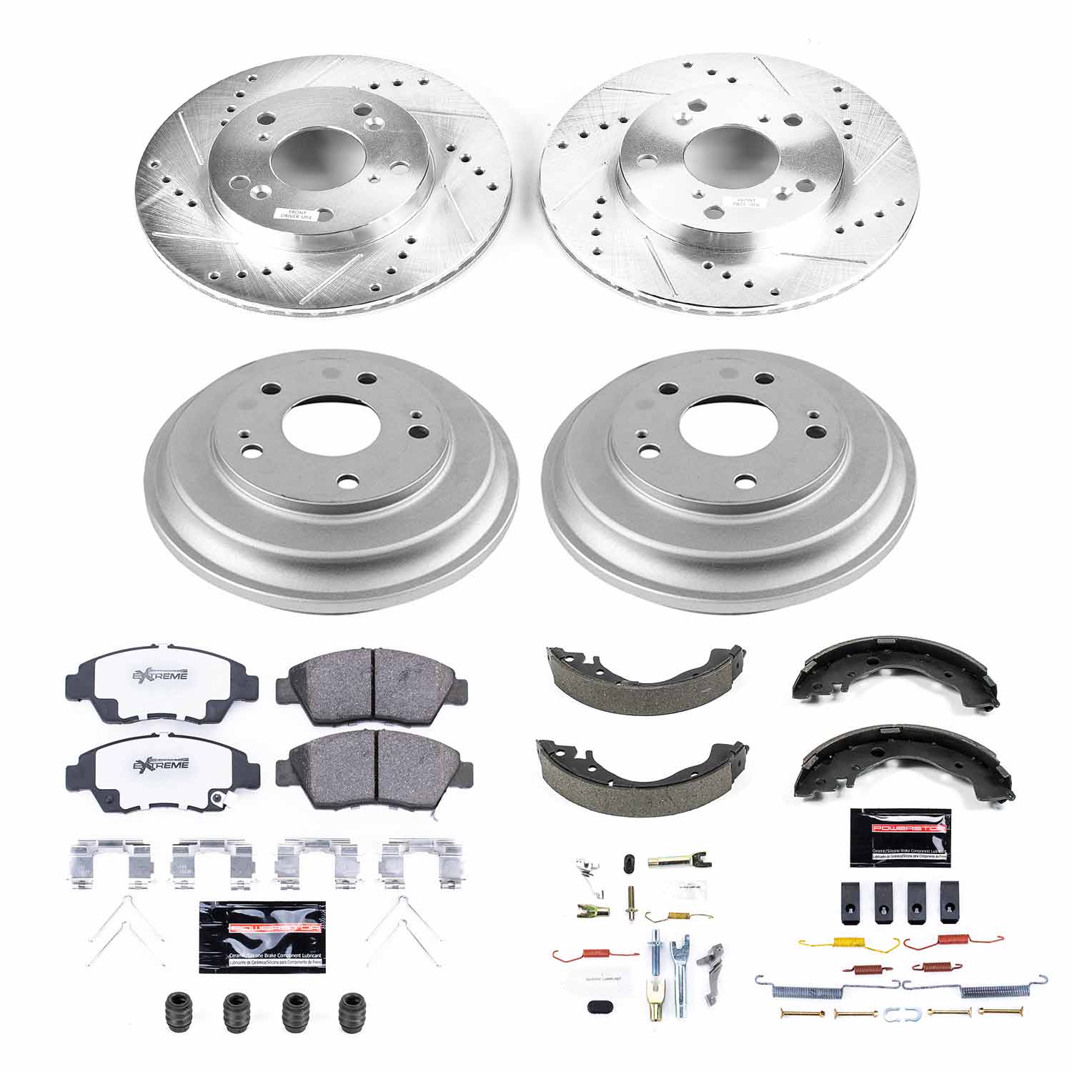 Power Stop K15244DK-26 Z26 Street Warrior 1-Click Front And Rear Pad And Rotor Kit With Drum And Brake Shoes for 2013-2015 Honda Civic Hybrid, Hybrid-L Rear Drum product image