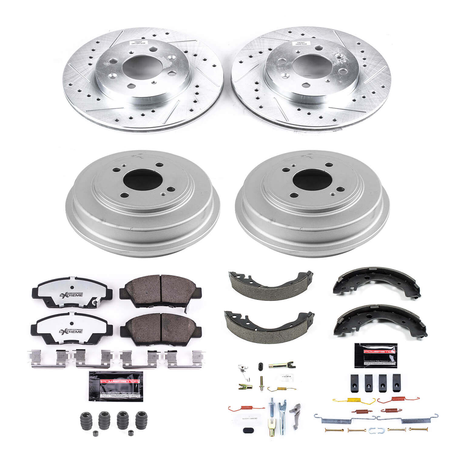 Power Stop K15245DK-26 Z26 Street Warrior 1-Click Front And Rear Pad And Rotor Kit With Drum And Brake Shoes for 2009-2014 Honda Fit product image
