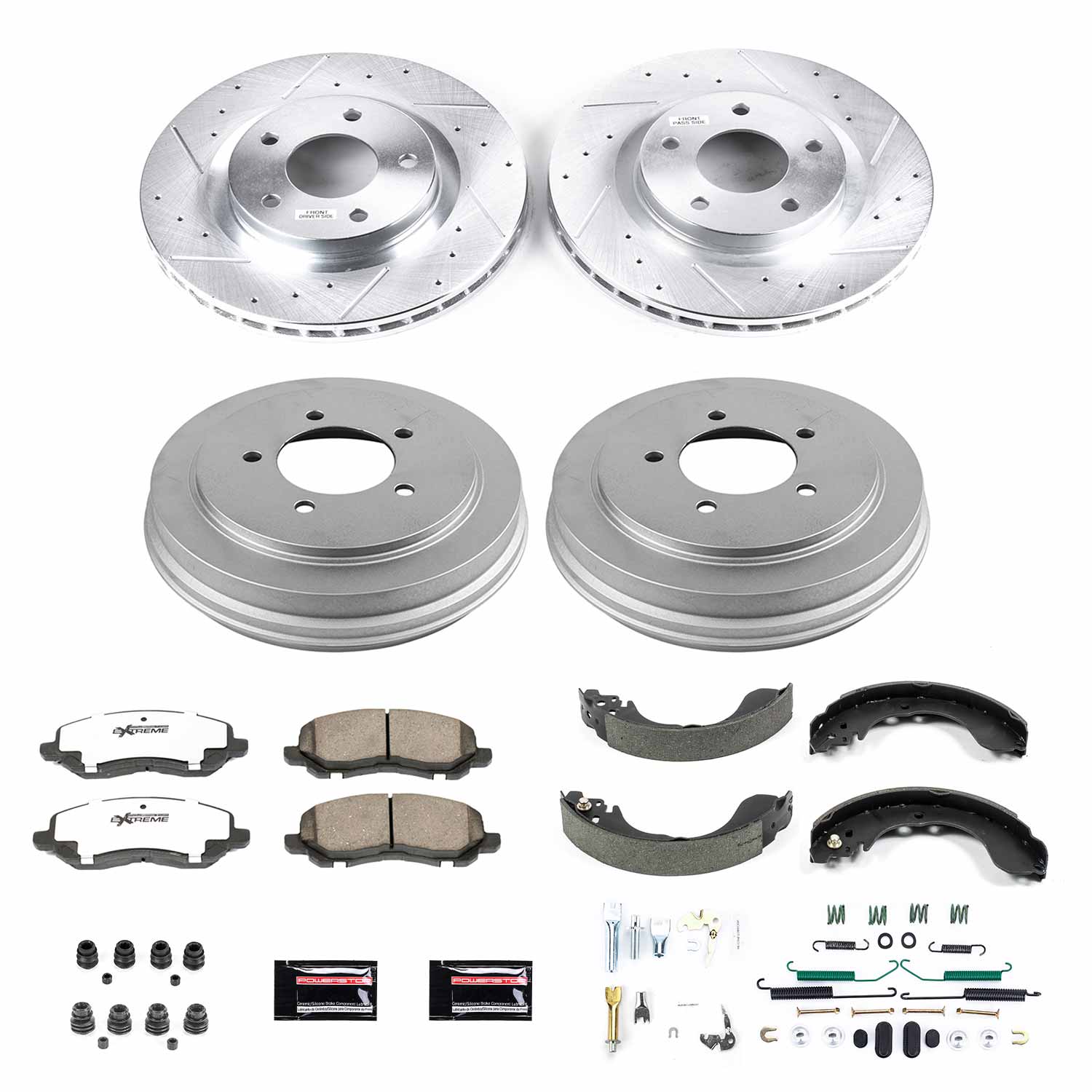 Power Stop K15250DK-26 Z26 Street Warrior 1-Click Front And Rear Brake Kit With Drum Brakes And Brake Shoes for 2007-2009 Chrysler Sebring Rear Drum product image
