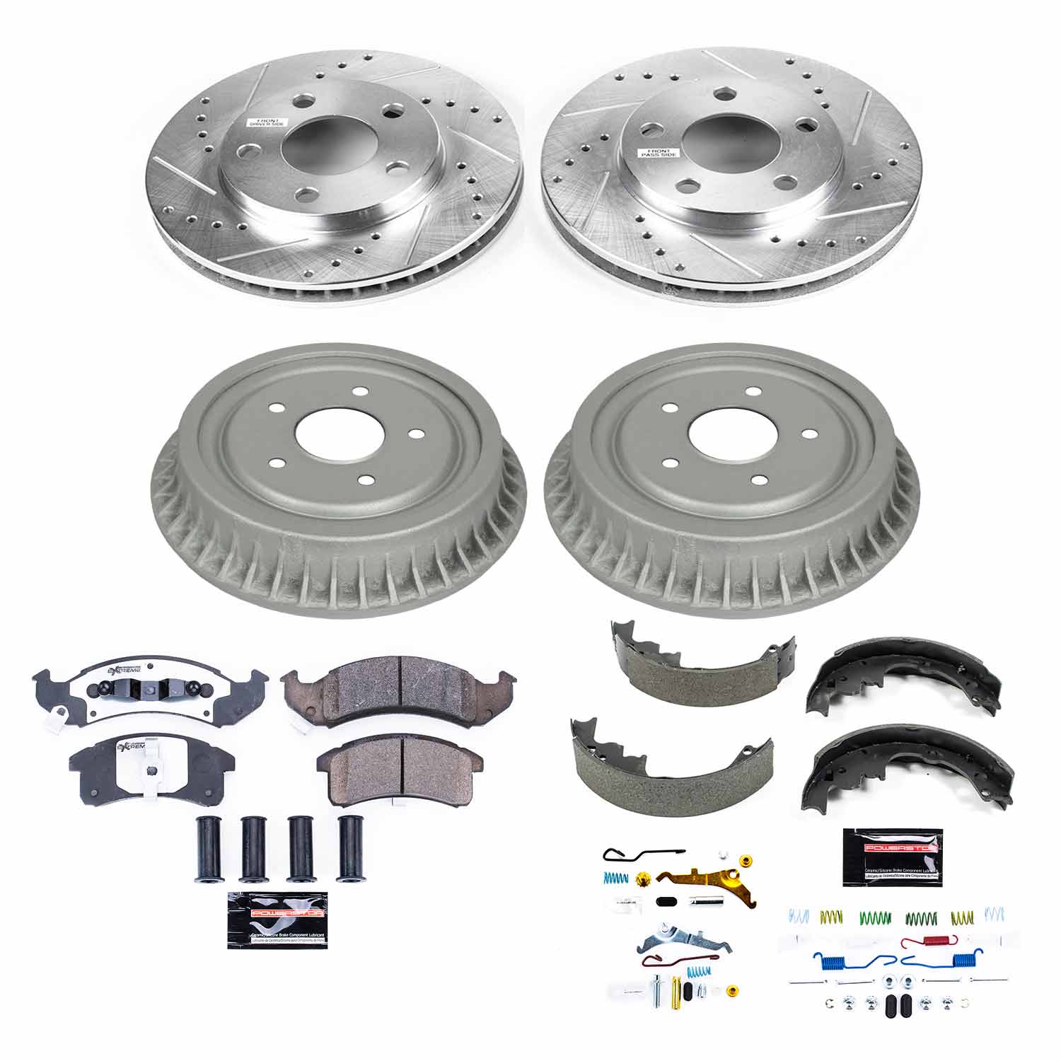 Power Stop K15441DK-26 Z26 Street Warrior 1-Click Front And Rear Pad And Rotor Kit With Drum And Brake Shoes for 1994-1997 Chevrolet Camaro Rear Drum product image