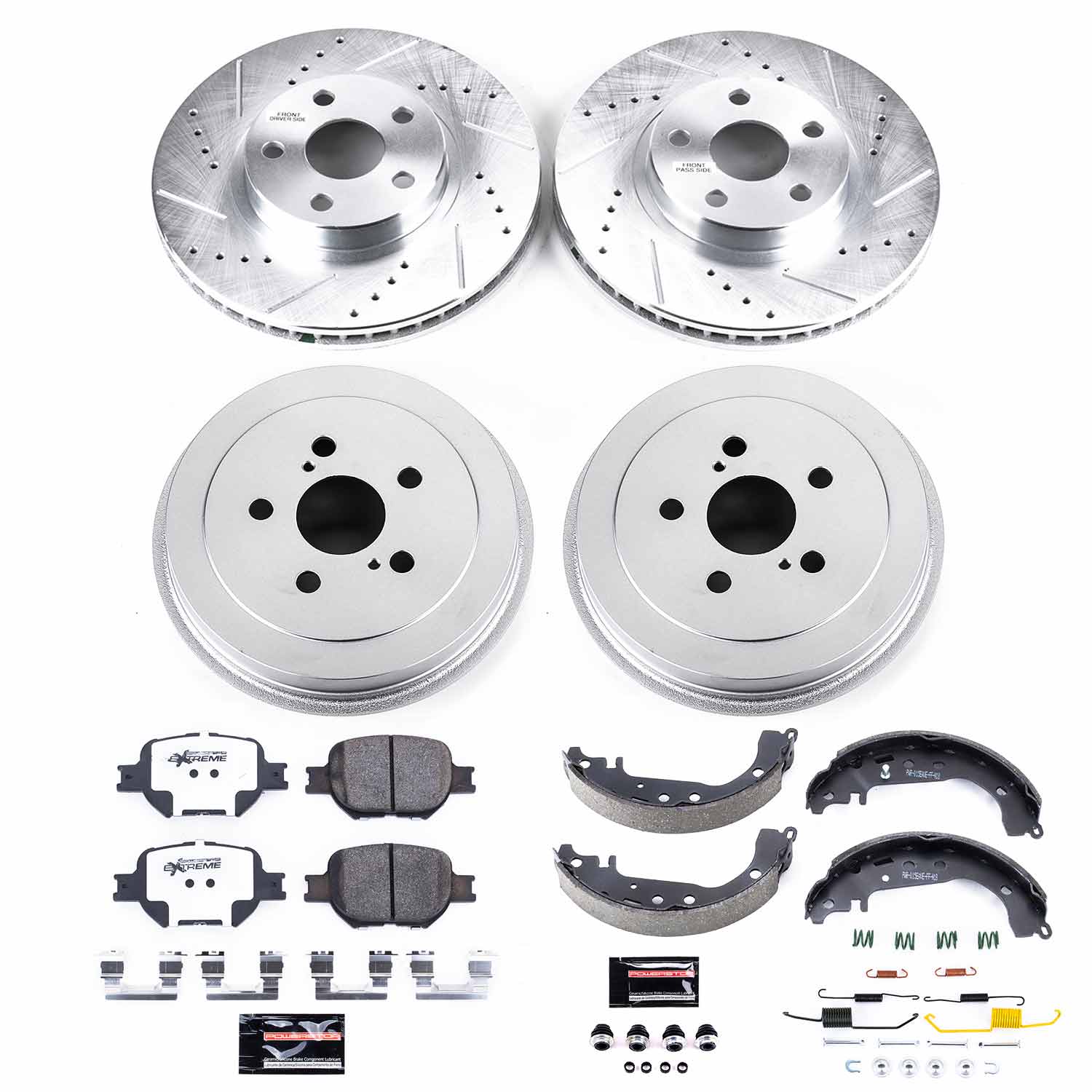 Power Stop K15464DK-26 Front And Rear Z26 Street Warrior 1-Click Pad And Rotor Kit With Drum And Brake Shoes for 2001-2005 Toyota Celica Rear Drum product image