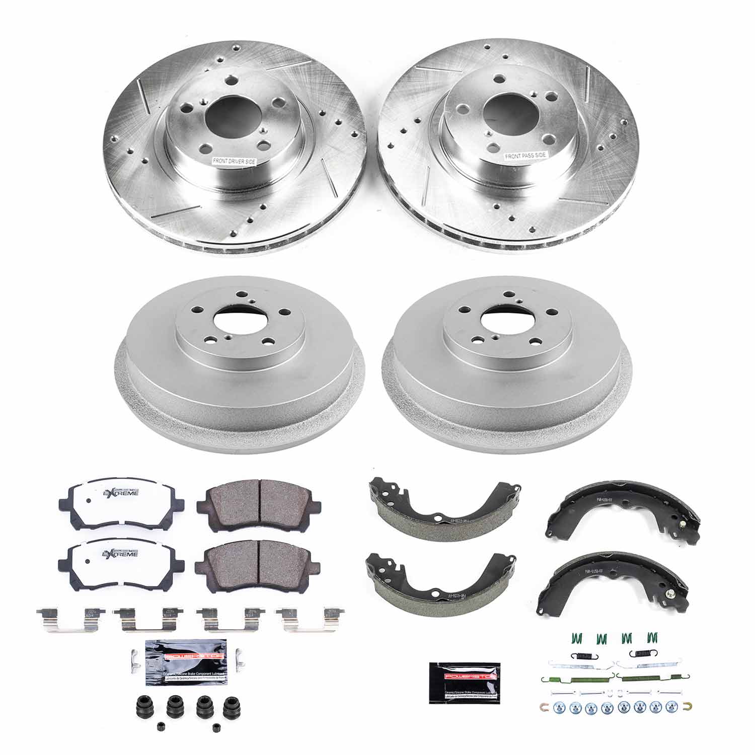 Power Stop K15468DK-26 Front And Rear Z26 Street Warrior 1-Click Pad And Rotor Kit With Drum And Brake Shoes for 1998-2000 Subaru Forester 4-WHEEL ABS Rear Drum product image
