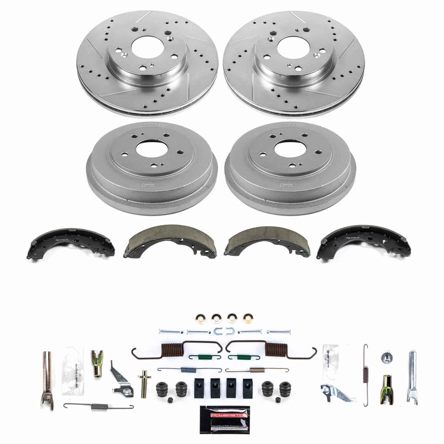 Power Stop K15541DK-26 - Front And Rear Z26 Street Warrior Pad And Rotor Kit With Drum And Brake Shoes vehicle fitment brake part